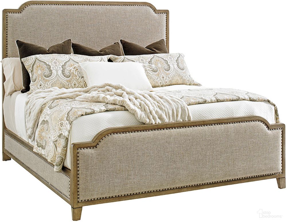 The appearance of Cypress Point Stone Harbour King Upholstered Bed In Gray designed by Tommy Bahama in the transitional interior design. This gray piece of furniture  was selected by 1StopBedrooms from Cypress Point Collection to add a touch of cosiness and style into your home. Sku: 561-144C. Bed Type: Panel Bed. Material: Wood. Bed Size: King.