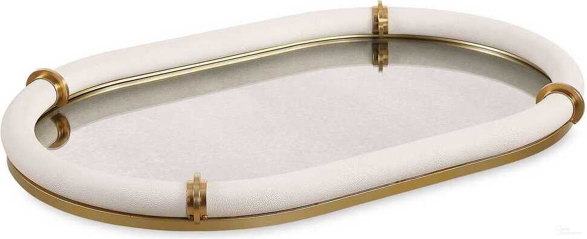 The appearance of Cyprus Leather Oval Tray In White and Brushed Brass designed by Uttermost in the coastal interior design. This white and brushed brass piece of furniture  was selected by 1StopBedrooms from Cyprus Collection to add a touch of cosiness and style into your home. Sku: 18229. Material: Steel.