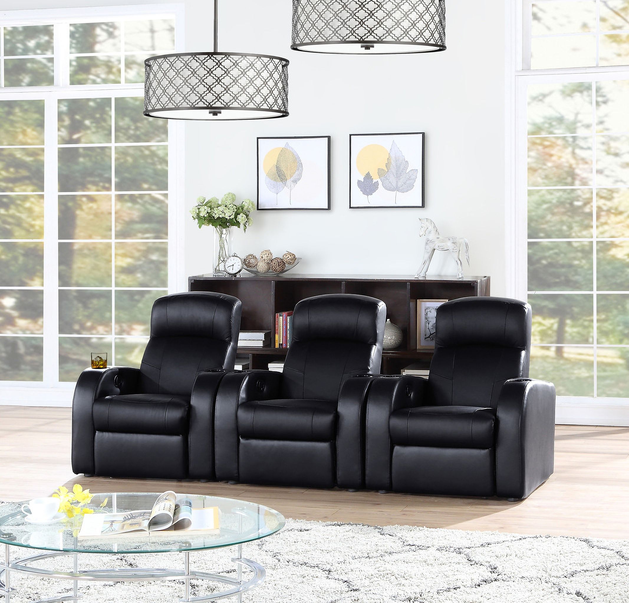 The appearance of Cyrus Upholstered Recliner Living Room Set With Console Black designed by Coaster in the modern / contemporary interior design. This black piece of furniture was selected by 1StopBedrooms from Cyrus Collection to add a touch of cosiness and style into your home. Sku: 600001;600001;600001. Material: Upholstered.