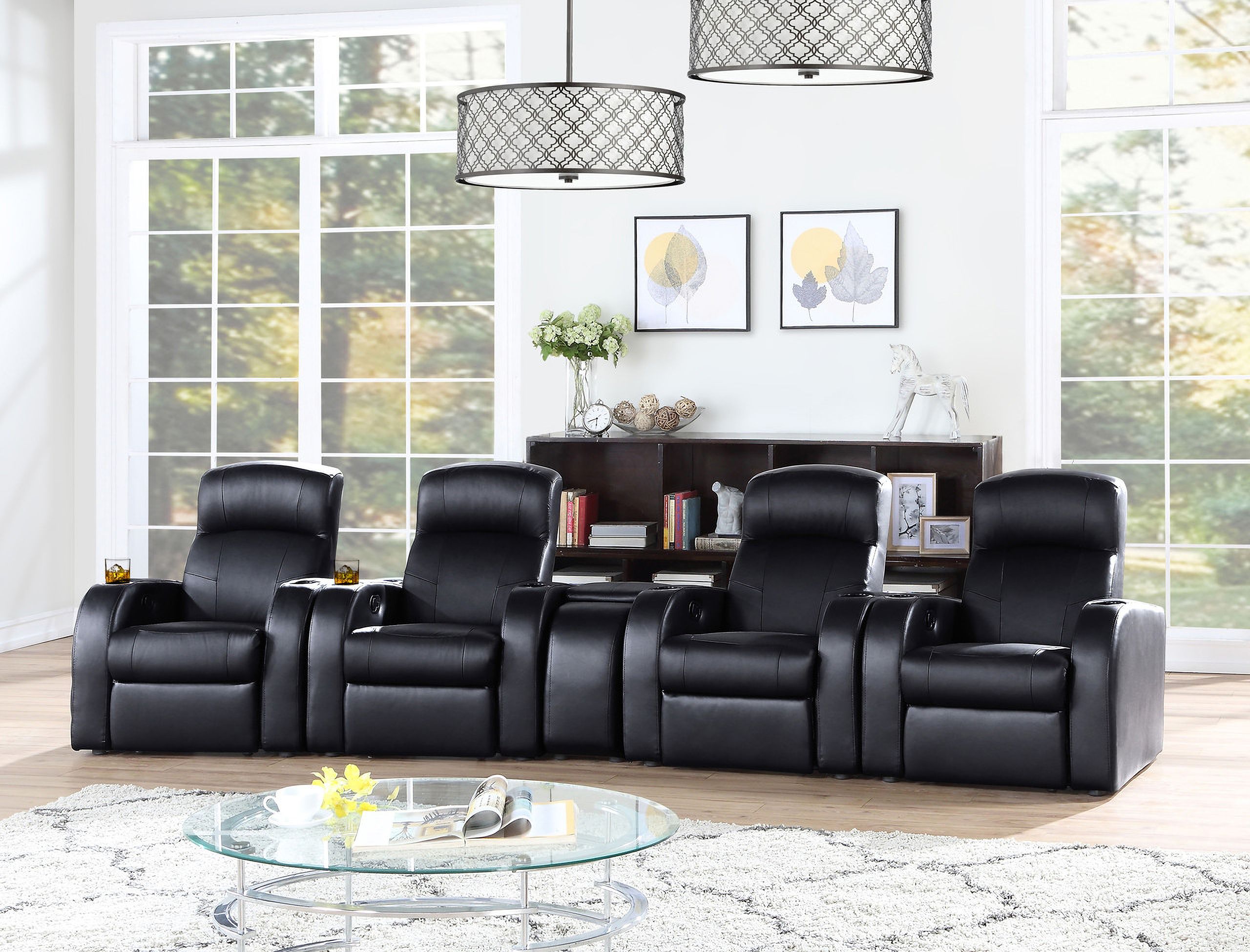 The appearance of Cyrus Upholstered 5 Piece Recliner Living Room Set Black designed by Coaster in the modern / contemporary interior design. This black piece of furniture  was selected by 1StopBedrooms from Cyrus Collection to add a touch of cosiness and style into your home. Sku: 600001;600001;600001;600001;600002. Material: Upholstered.