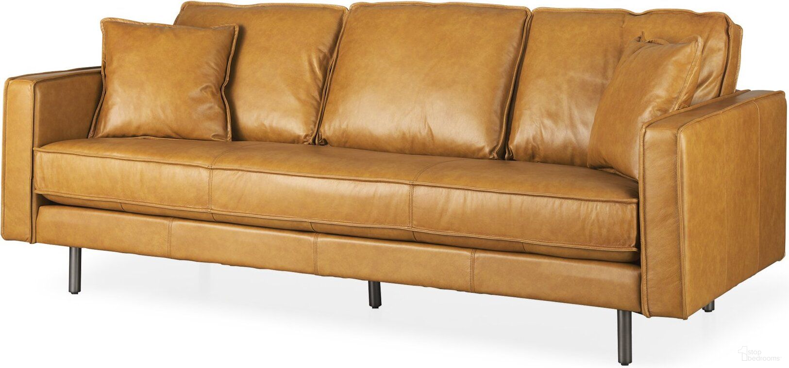 The appearance of D'Arcy Leather Sofa In Tan designed by Mercana in the modern / contemporary interior design. This tan piece of furniture  was selected by 1StopBedrooms from D'Arcy Collection to add a touch of cosiness and style into your home. Sku: 69642. Material: Leather.