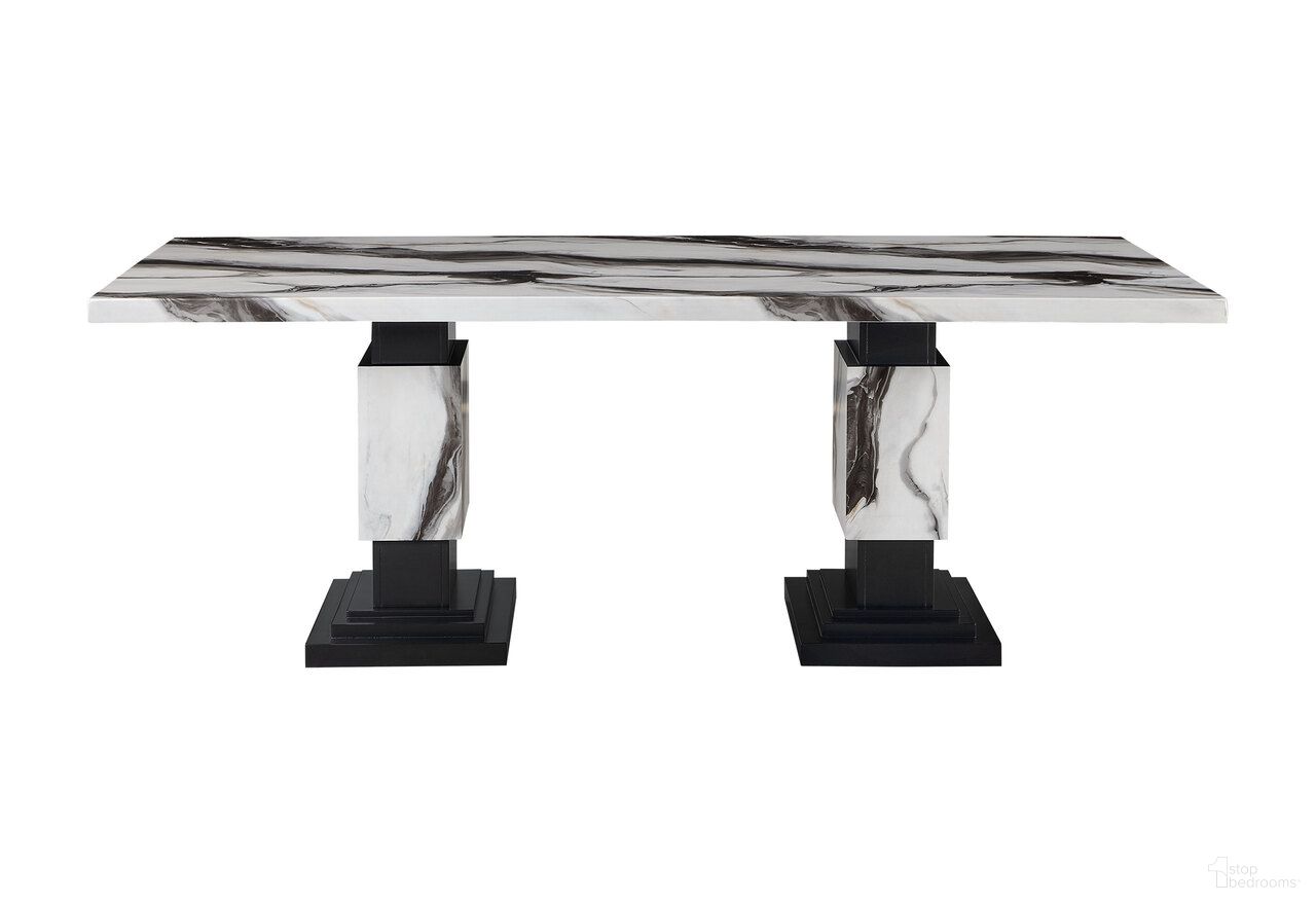 The appearance of D12DT Dining Table In Black And White designed by Global Furniture USA in the modern / contemporary interior design. This black and white piece of furniture  was selected by 1StopBedrooms from D12DT Collection to add a touch of cosiness and style into your home. Sku: D12DT-WHITE/BLACK-T;D12DT-WHITE/BLACK-BS. Table Base Style: Double Pedestal. Material: MDF. Table Top Shape: Rectangular. Size: 82" x 40".