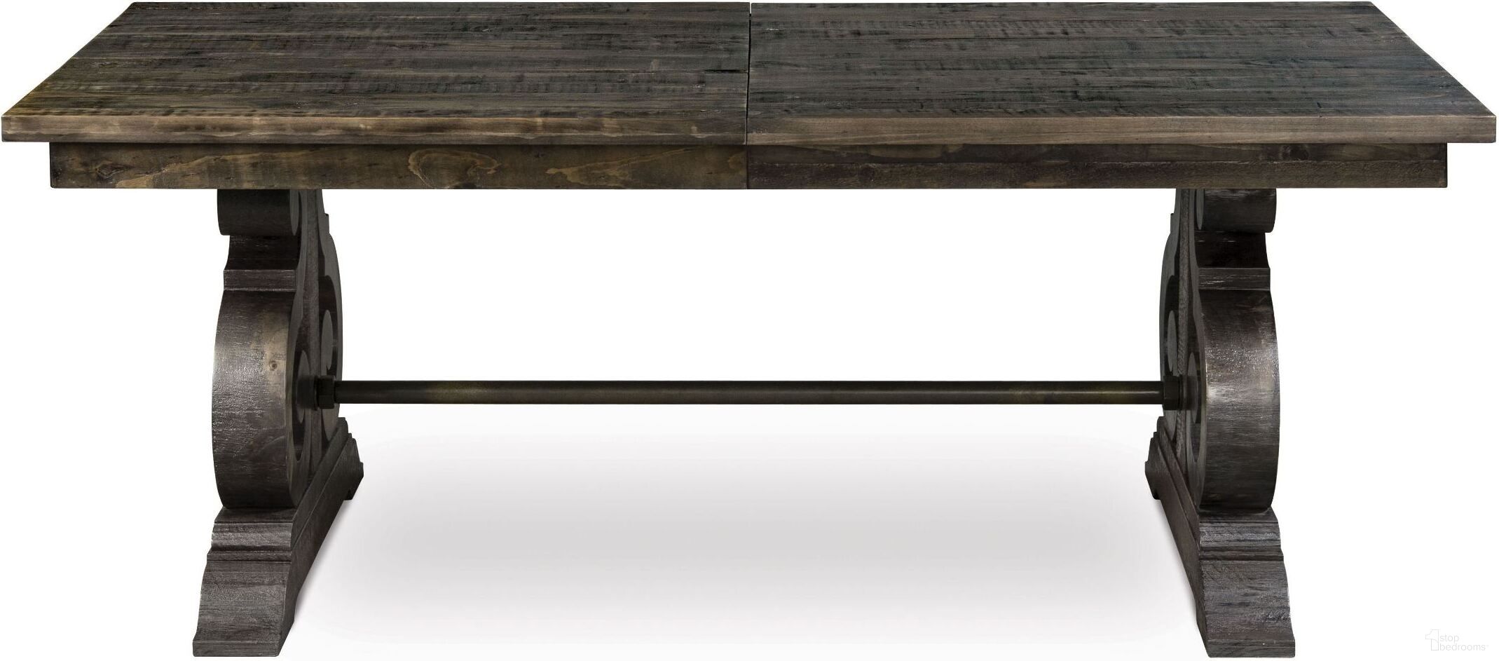 The appearance of Bellamy Rectangular Dining Table designed by Magnussen in the country / farmhouse interior design. This peppercorn piece of furniture was selected by 1StopBedrooms from Bellamy Collection to add a touch of cosiness and style into your home. Sku: D2491-20T;D2491-20B. Table Base Style: Trestle. Table Top Shape: Rectangular. Size: 40" x 80". Material: Pine Veneer.