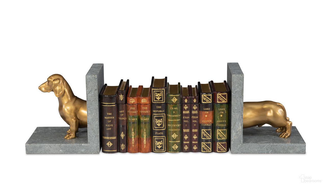 The appearance of Dachshund Bookend In Grey and Brass designed by Maitland-Smith in the modern / contemporary interior design. This grey and brass piece of furniture  was selected by 1StopBedrooms from Maitland Smith Collection to add a touch of cosiness and style into your home. Sku: 8425-12. Material: Cast Brass.