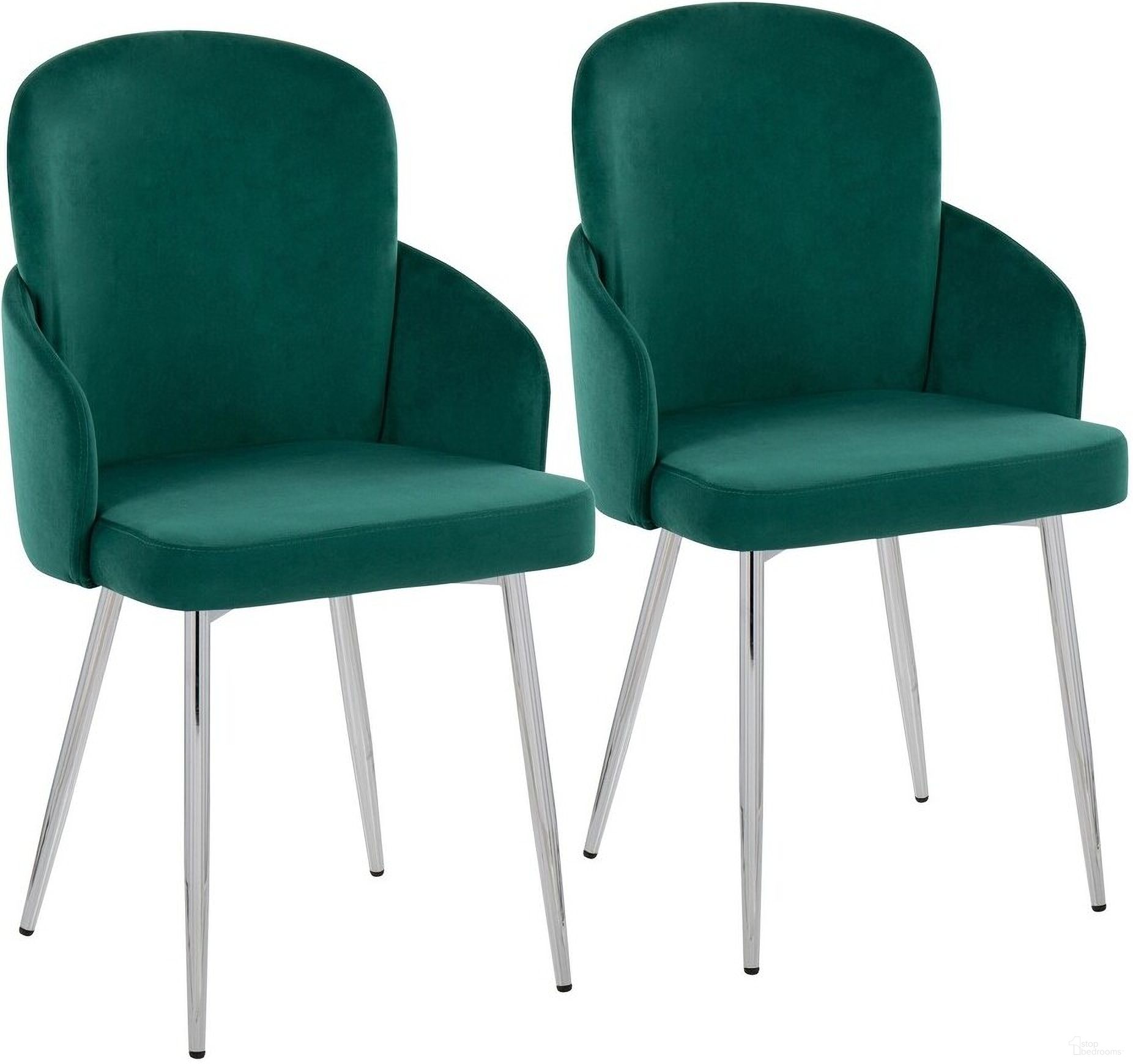 The appearance of Dahlia Dining Chair Set of 2 In Chrome and Green designed by Lumisource in the modern / contemporary interior design. This gold and green piece of furniture was selected by 1StopBedrooms from Dahlia Collection to add a touch of cosiness and style into your home. Sku: CH-DAHLIA2 SVVGN2. Material: Metal. Chair Type: Side Chair.