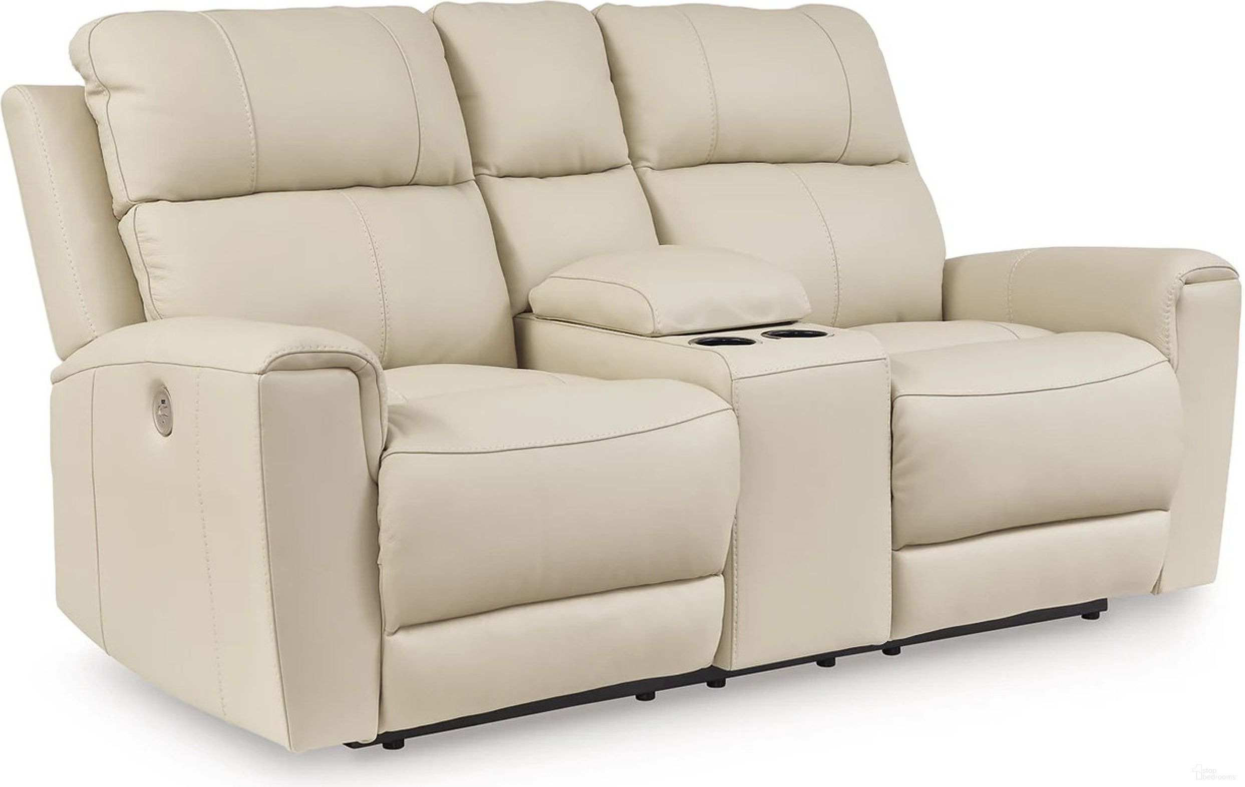 The appearance of Dahlmoore Power Reclining Loveseat with Console In Almond designed by Signature Design by Ashley in the modern / contemporary interior design. This almond piece of furniture  was selected by 1StopBedrooms from Dahlmoore Collection to add a touch of cosiness and style into your home. Sku: U1320096. Material: Leather Match.