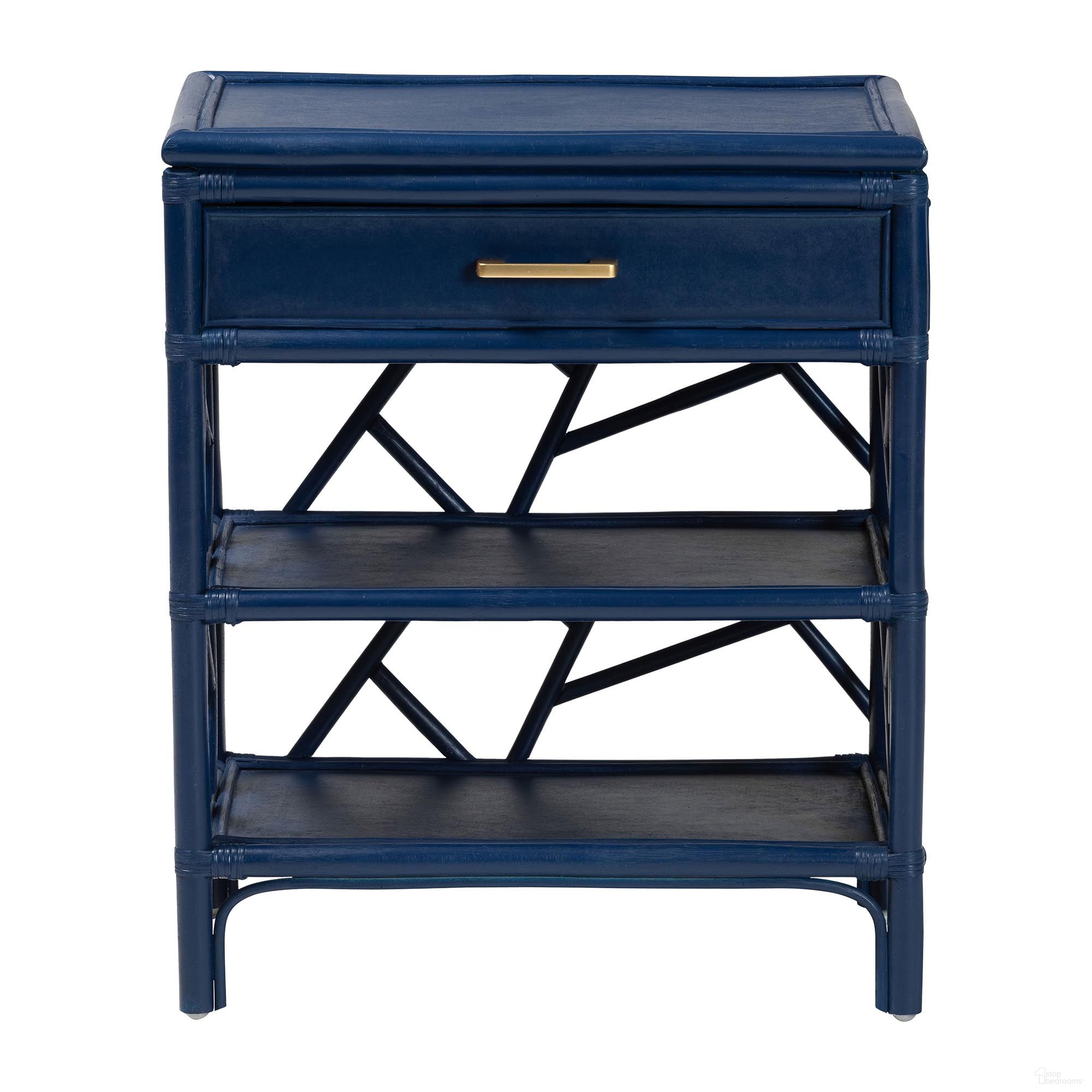 Daina Natural Rattan Nightstand with Drawer and Open Shelves In Blue