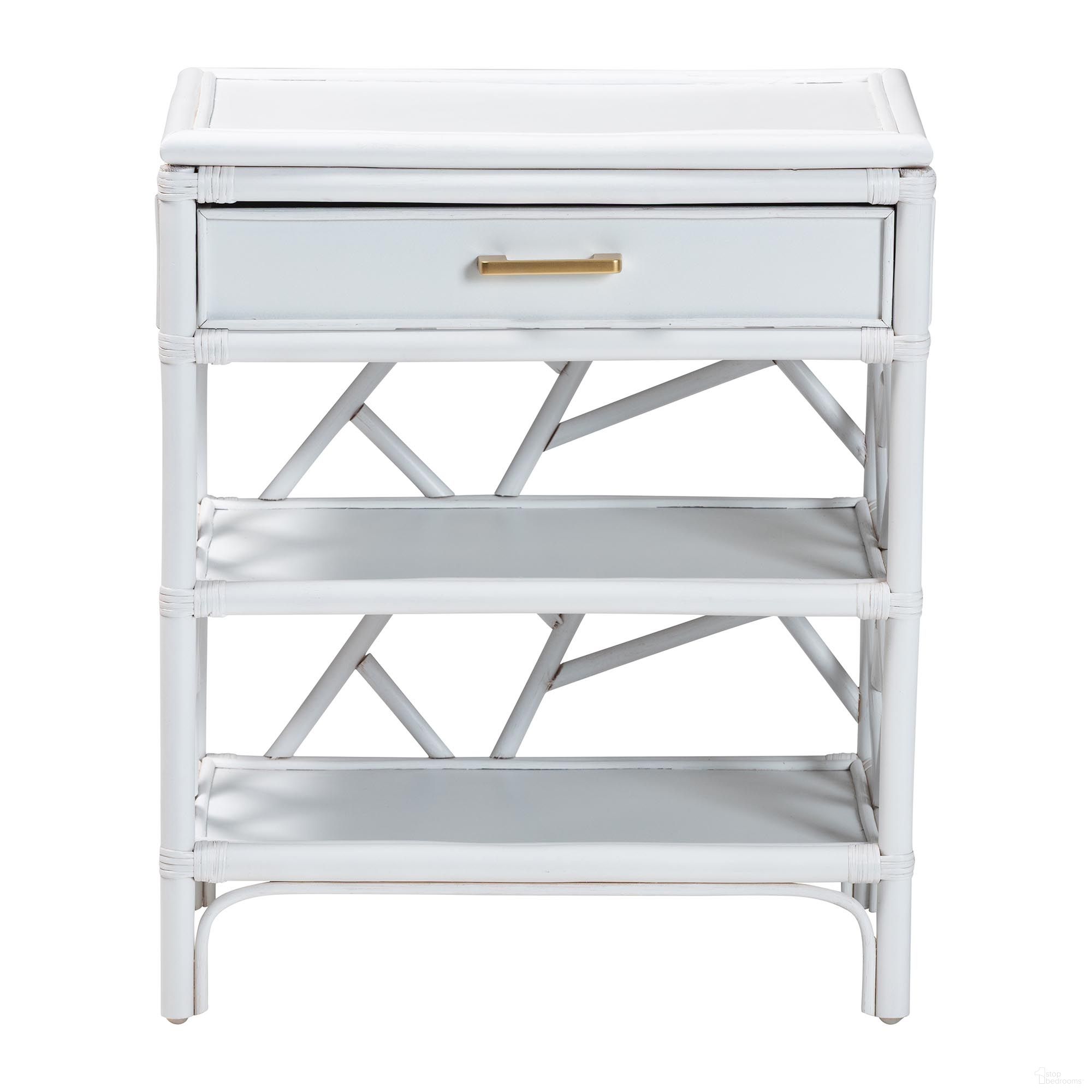 Daina Natural Rattan Nightstand with Drawer and Open Shelves In White