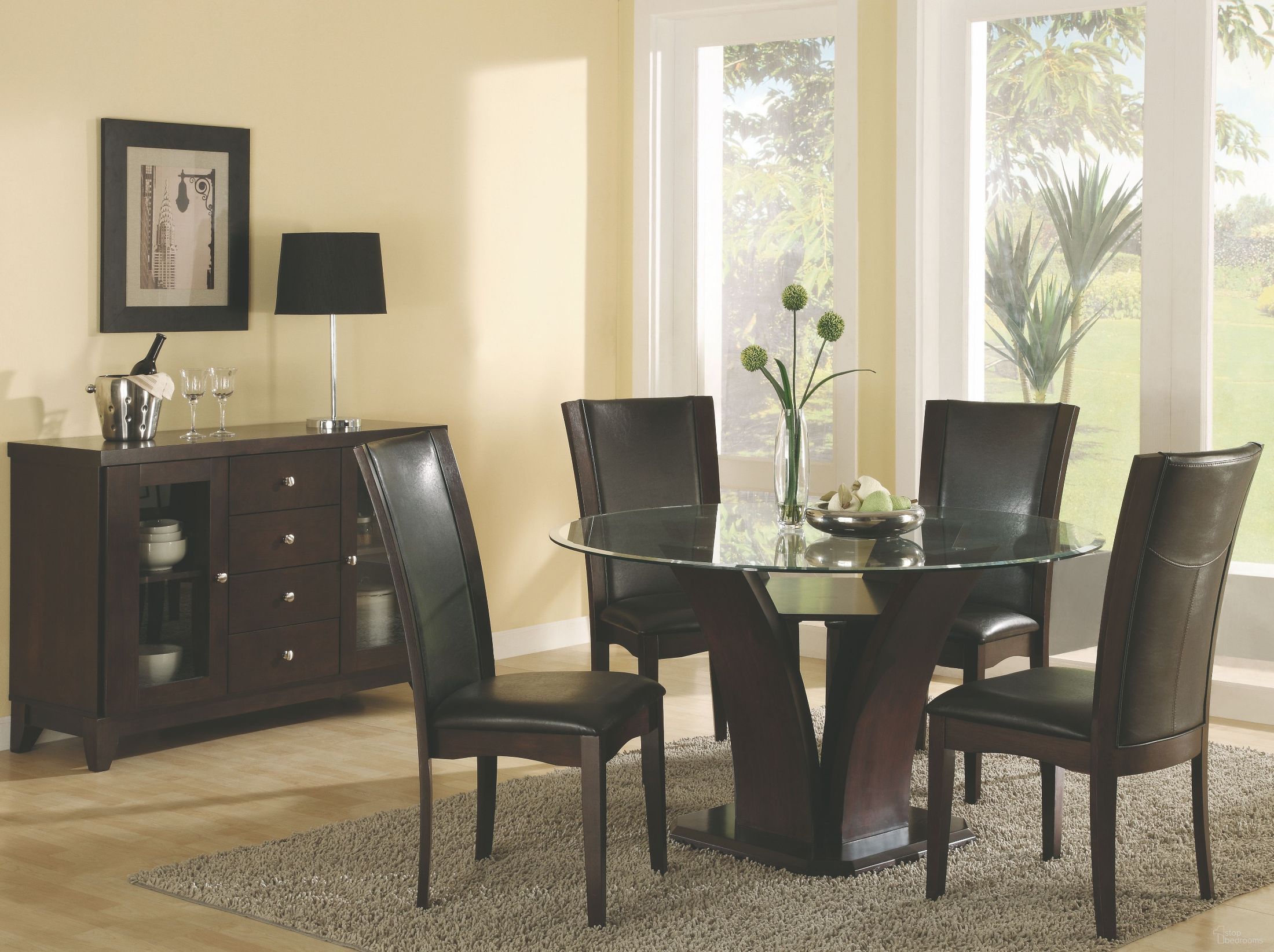 The appearance of Daisy 54 Inch Round Dining Room Set In Brown designed by Homelegance in the modern / contemporary interior design. This brown piece of furniture was selected by 1StopBedrooms from Daisy Collection to add a touch of cosiness and style into your home. Sku: 710-54B;710-54C;G54RD;710S. Table Base Style: Pedestal. Table Top Shape: Round. Material: Glass. Size: 54".