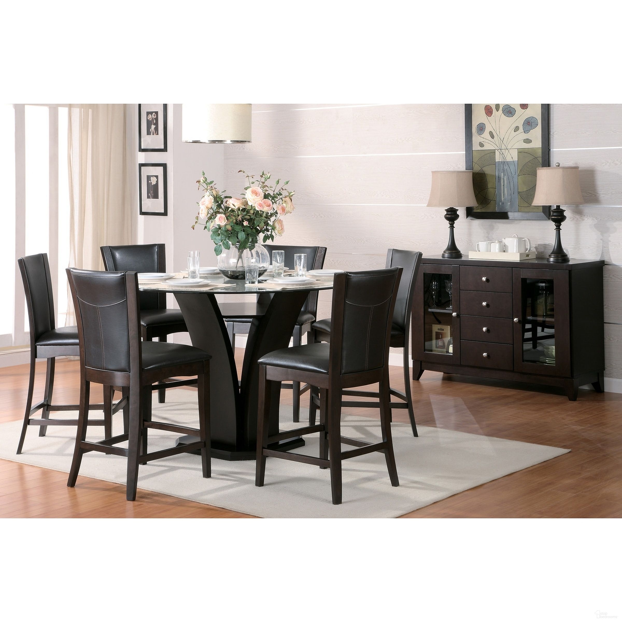 The appearance of Daisy Round Counter Height Dining Room Set designed by Homelegance in the modern / contemporary interior design. This brown piece of furniture was selected by 1StopBedrooms from Daisy Collection to add a touch of cosiness and style into your home. Sku: 710-36RDB;710-36RDC;G54RD;710-24. Table Base Style: Pedestal. Table Top Shape: Round. Material: Wood. Size: 54".