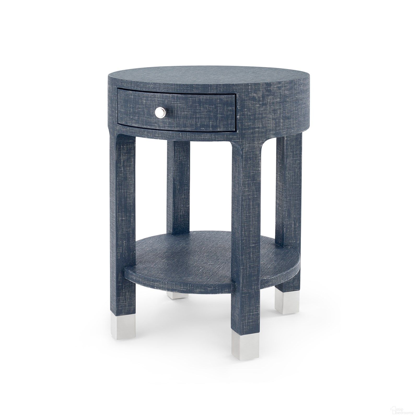 The appearance of Dakota 1-Drawer Round Side Table In Washed Blue Steel designed by Villa & House in the transitional interior design. This blue piece of furniture  was selected by 1StopBedrooms from Dakota Collection to add a touch of cosiness and style into your home. Sku: DAK-115-5128. Material: Linen.