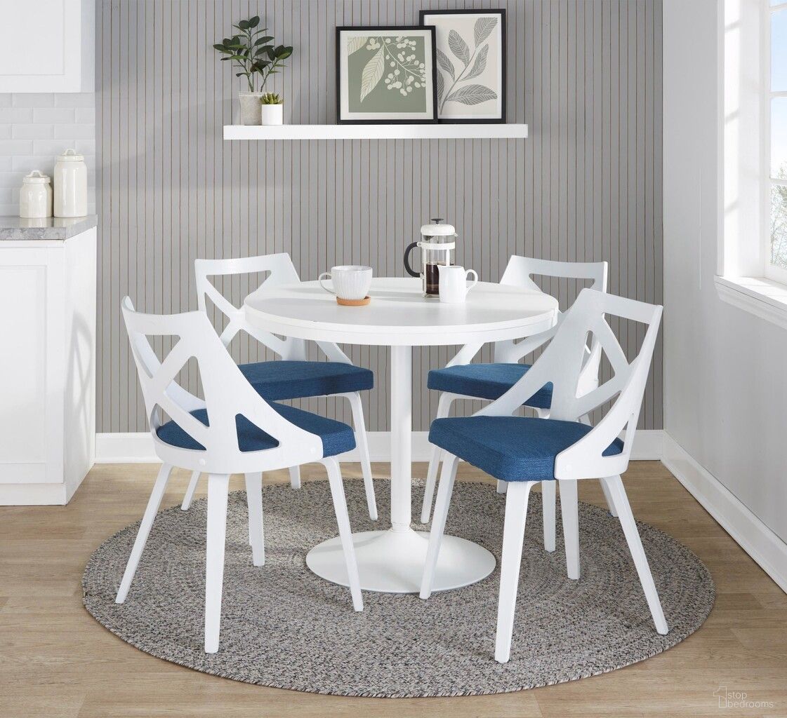 The appearance of Dakota-Charlotte Dining Set In White and Blue designed by Lumisource in the modern / contemporary interior design. This white and blue piece of furniture  was selected by 1StopBedrooms from Dakota Collection to add a touch of cosiness and style into your home. Sku: DT-DKTA WW;CH-CHARLOT WTXTBU2. Table Base Style: Pedestal. Table Top Shape: Round. Material: Foam.
