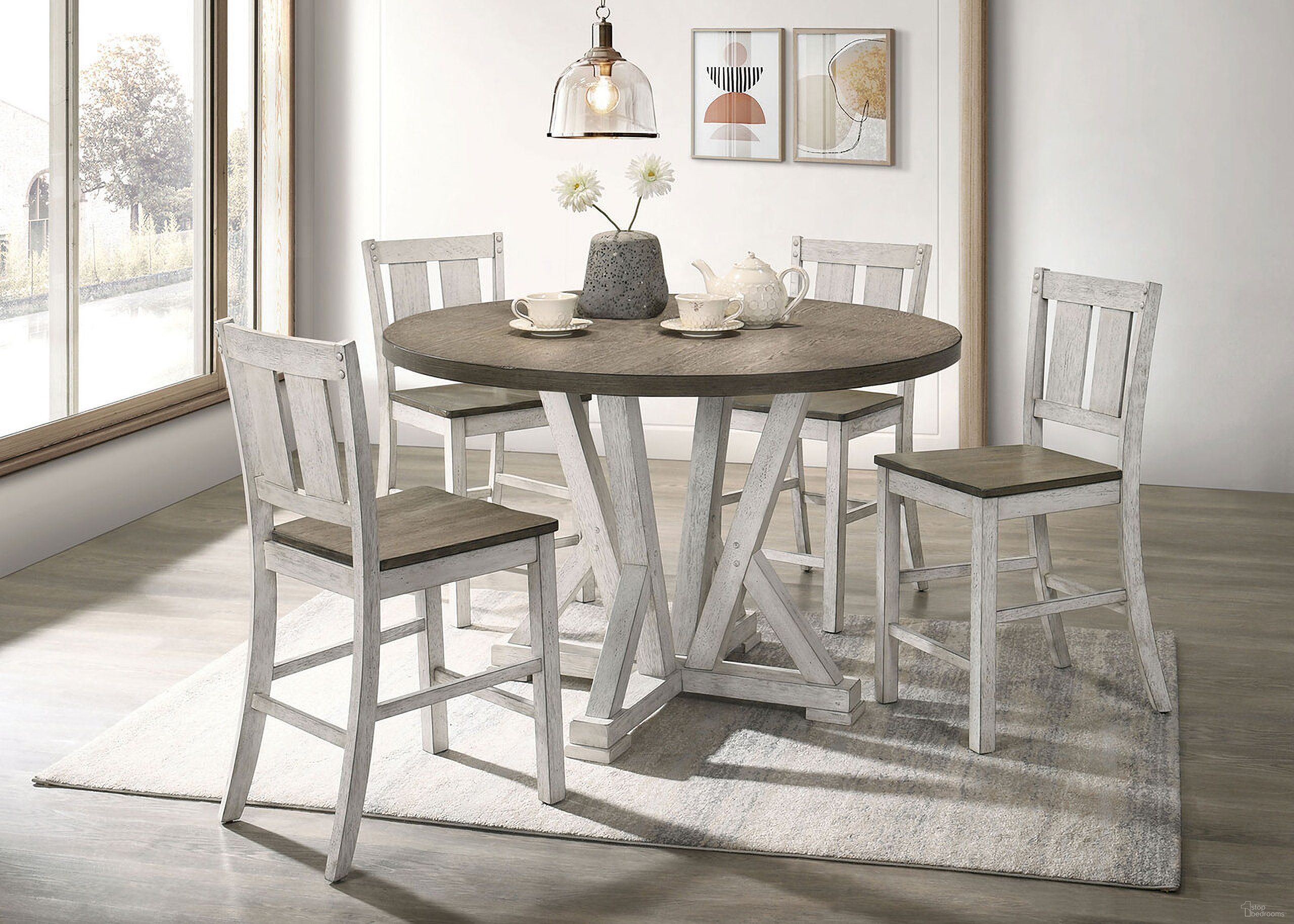 The appearance of Dakota Counter Height Set In Antique White and Ash Brown designed by Furniture of America in the rustic / southwestern interior design. This antique white and ash brown piece of furniture was selected by 1StopBedrooms from Dakota Collection to add a touch of cosiness and style into your home. Sku: CM3289BR-RPT-48-1;CM3289BR-RPT-48-2;CM3289BR-PC-2PK;CM3289BR-PC-2PK. Table Base Style: Pedestal. Material: Wood.