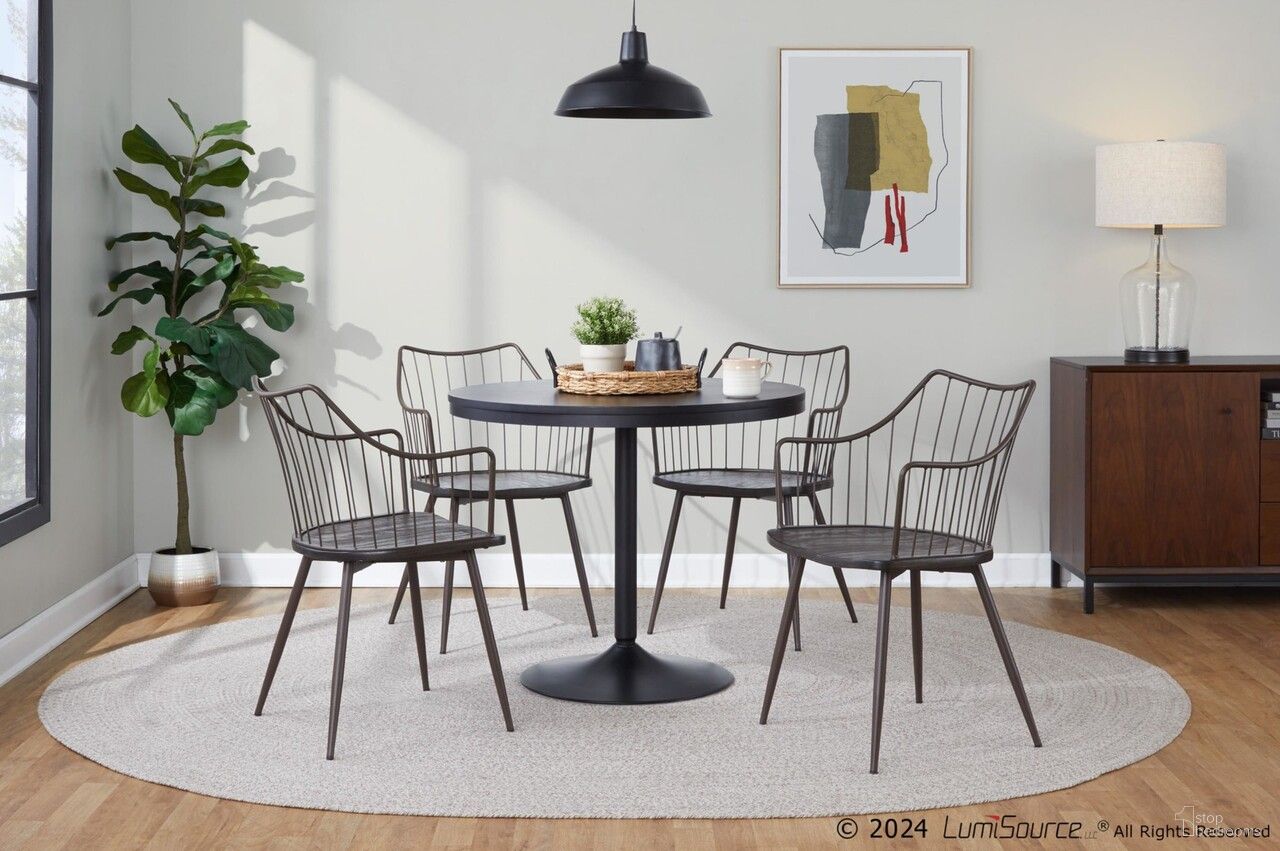 The appearance of Dakota-Winston Dining Set In Black and Brown designed by Lumisource in the modern / contemporary interior design. This black/brown piece of furniture was selected by 1StopBedrooms from Dakota Collection to add a touch of cosiness and style into your home. Sku: DT-DKTA BKBK;CH-WINSTON BNWL. Table Base Style: Pedestal. Table Top Shape: Round. Material: Metal.