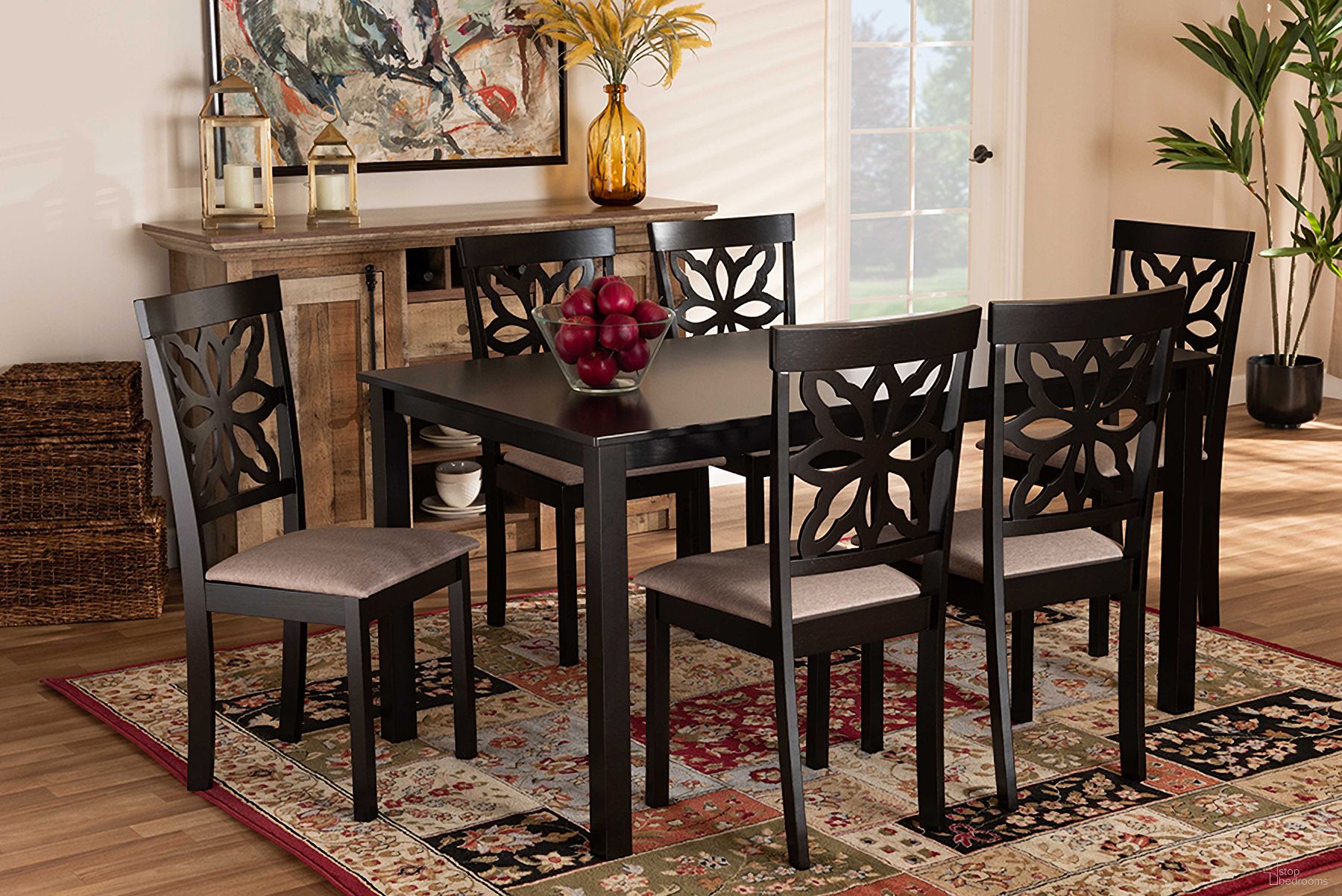 The appearance of Dallas Modern and Contemporary Sand Fabric Upholstered and Dark Brown Finished Wood 7-Piece Dining Set designed by Baxton Studio in the modern / contemporary interior design. This sand and dark brown piece of furniture  was selected by 1StopBedrooms from Dallas Collection to add a touch of cosiness and style into your home. Sku: RH1019C-Sand/Dark Brown-7PC Dining Set. Material: Fabric.