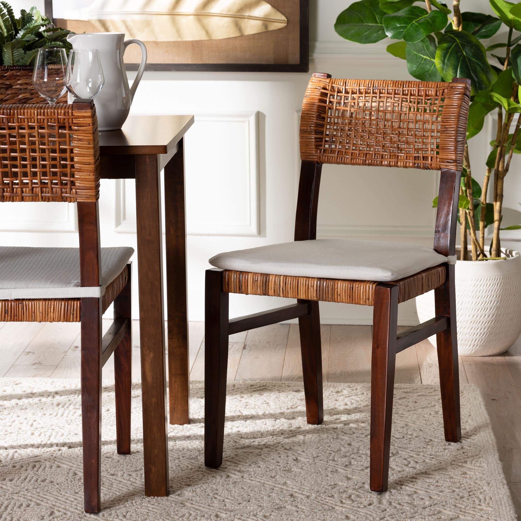 Dameka Rattan and Dark Brown Wood Dining Chair In Light Honey by Baxton