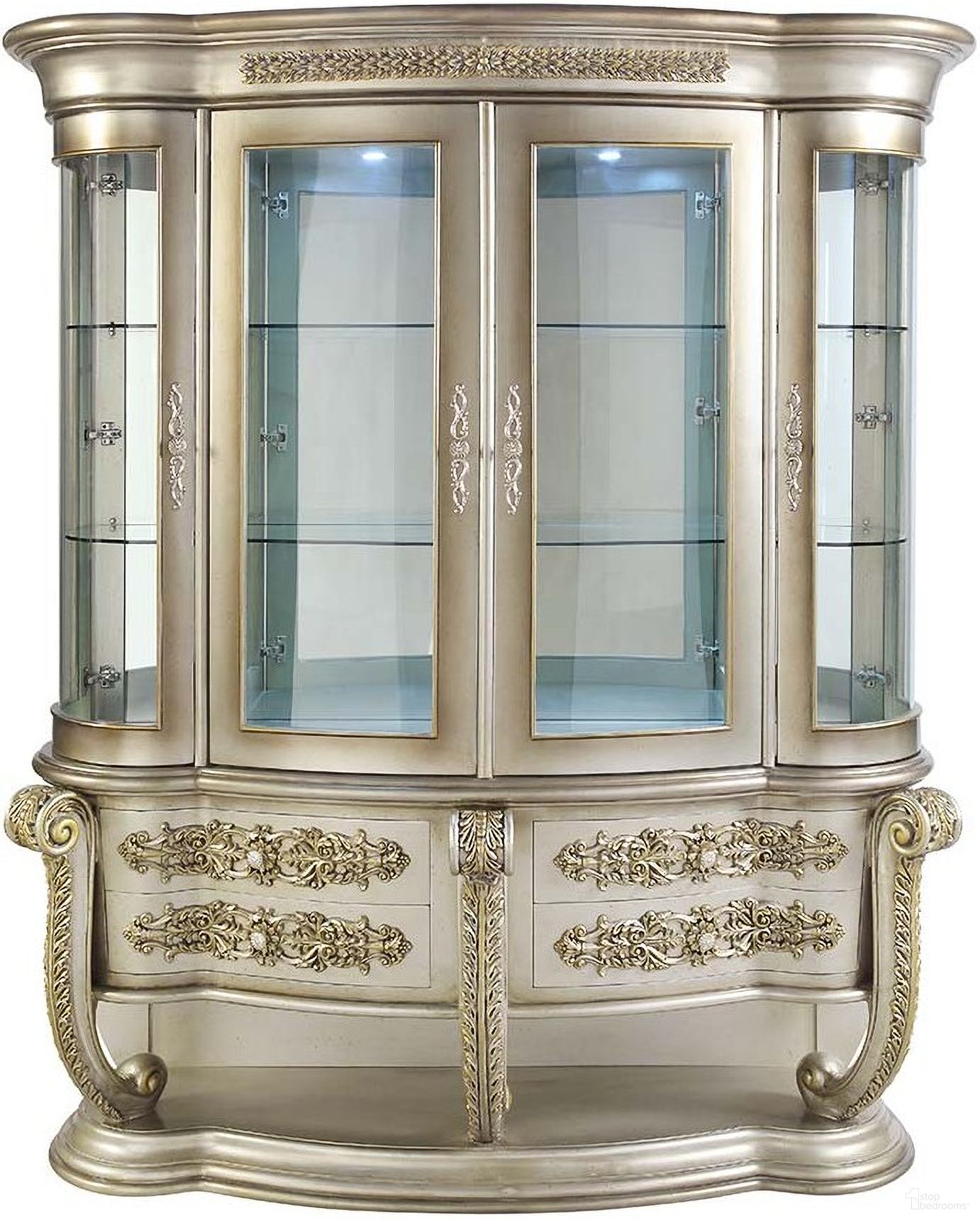 The appearance of Danae Curio In Champagne And Gold designed by ACME in the transitional interior design. This champagne gold piece of furniture  was selected by 1StopBedrooms from Danae Collection to add a touch of cosiness and style into your home. Sku: DN01200-1;DN01200-2;DN01200-3;DN01200-4. Material: Wood.