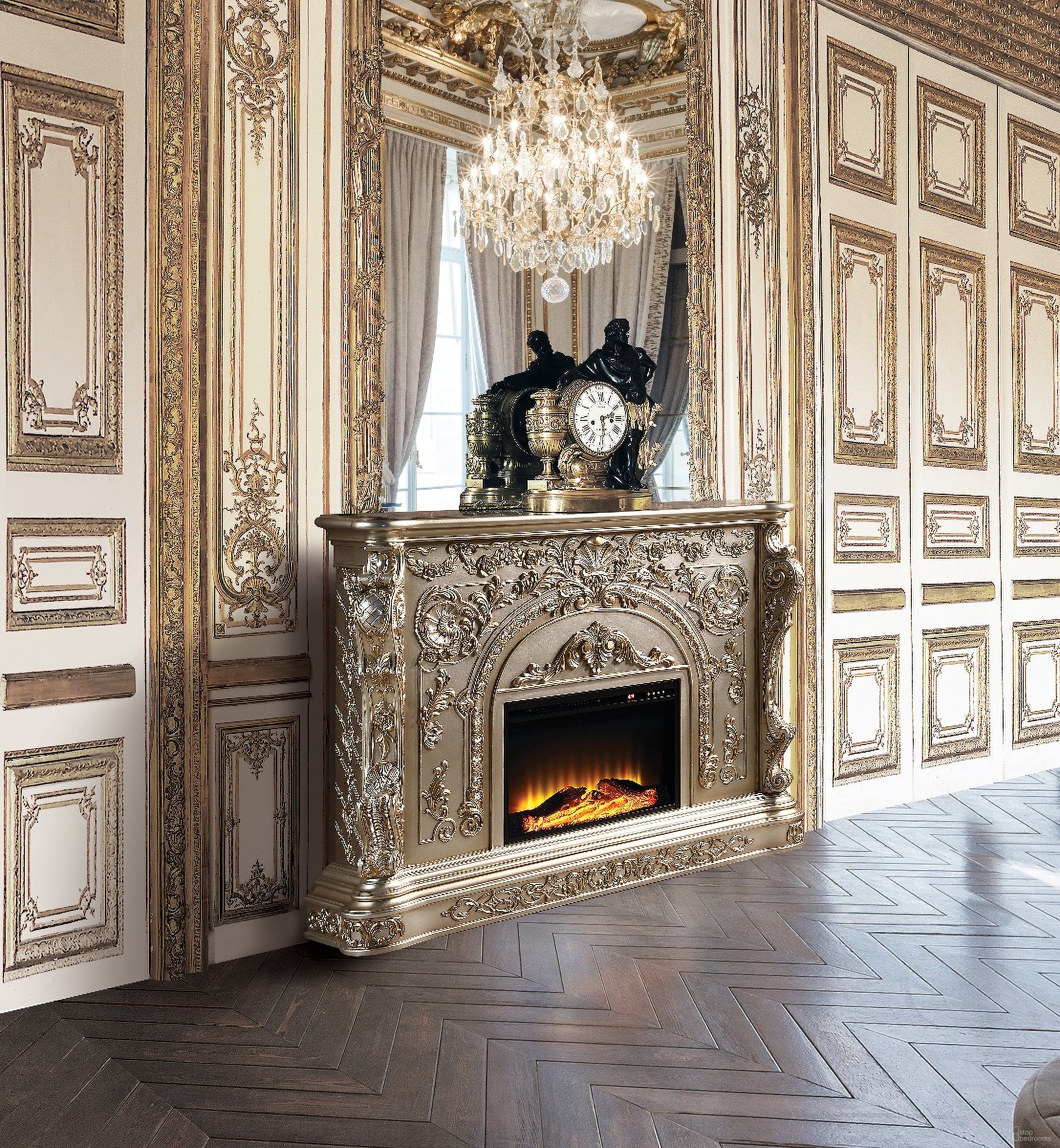 The appearance of Danae Fireplace In Antique Silver And Gold designed by ACME in the transitional interior design. This antique silver piece of furniture  was selected by 1StopBedrooms from Danae Collection to add a touch of cosiness and style into your home. Sku: AC01618. Material: Wood.