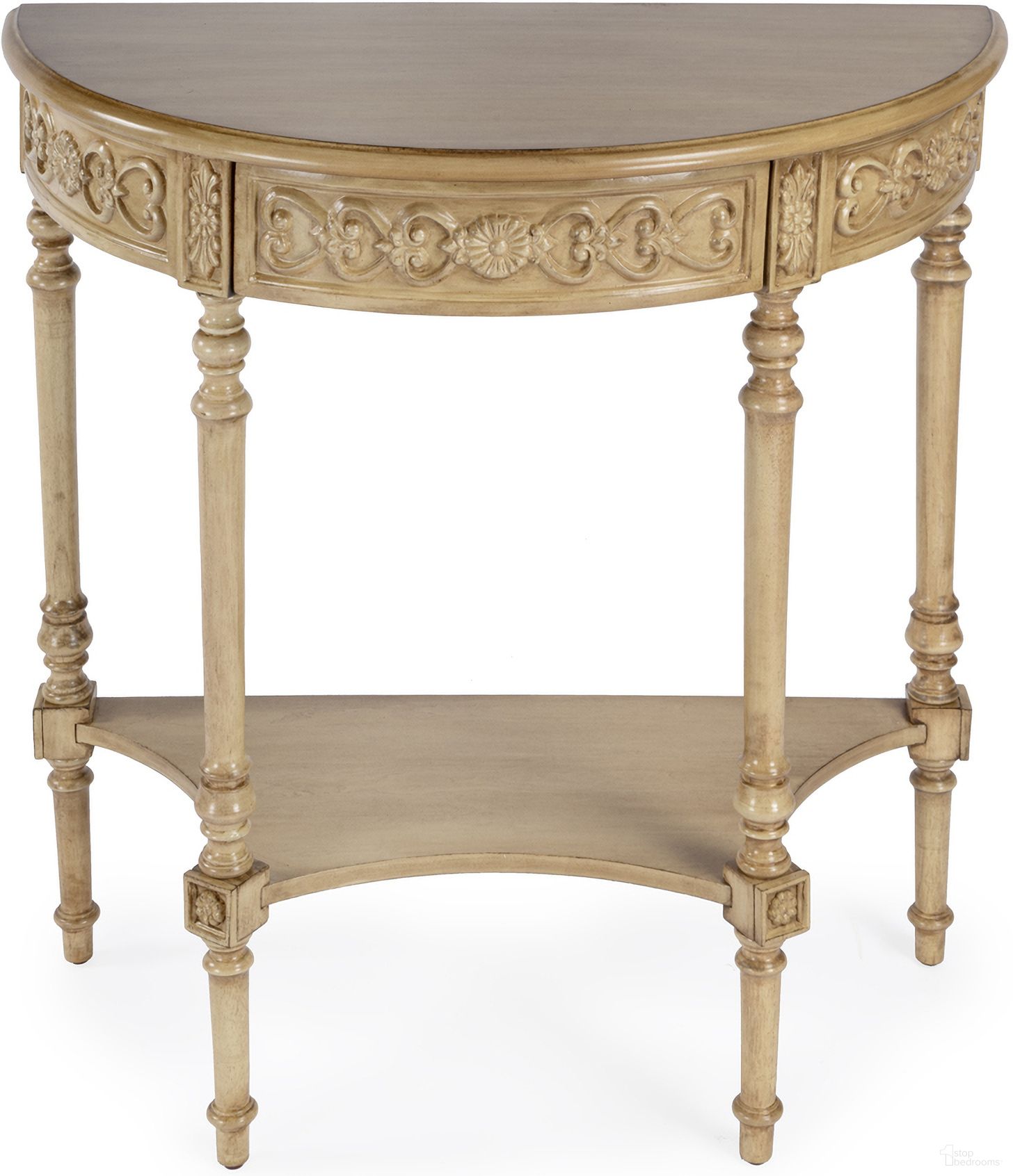 The appearance of Danelle Demilune 30 Inch Console Table In Beige designed by Butler Specialty Company in the traditional interior design. This beige piece of furniture was selected by 1StopBedrooms from Danelle Collection to add a touch of cosiness and style into your home. Sku: 7027424. Material: Poplar.