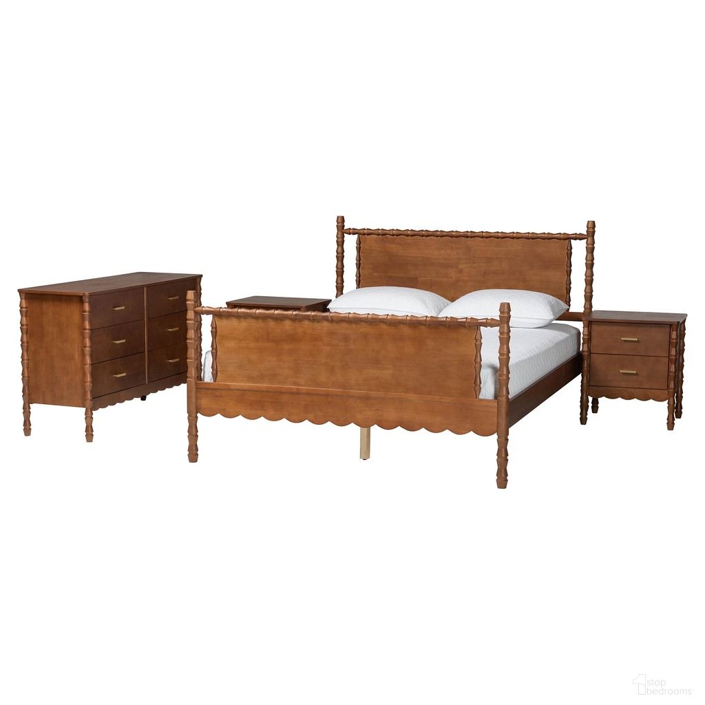Danette Bobbin Wood 4-Piece Queen Bedroom Set with 2 Nightstands In Walnut Brown