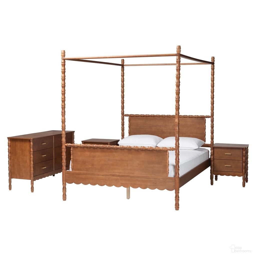 Danette Bobbin Wood 4-Piece Queen Canopy Bedroom Set In Walnut Brown