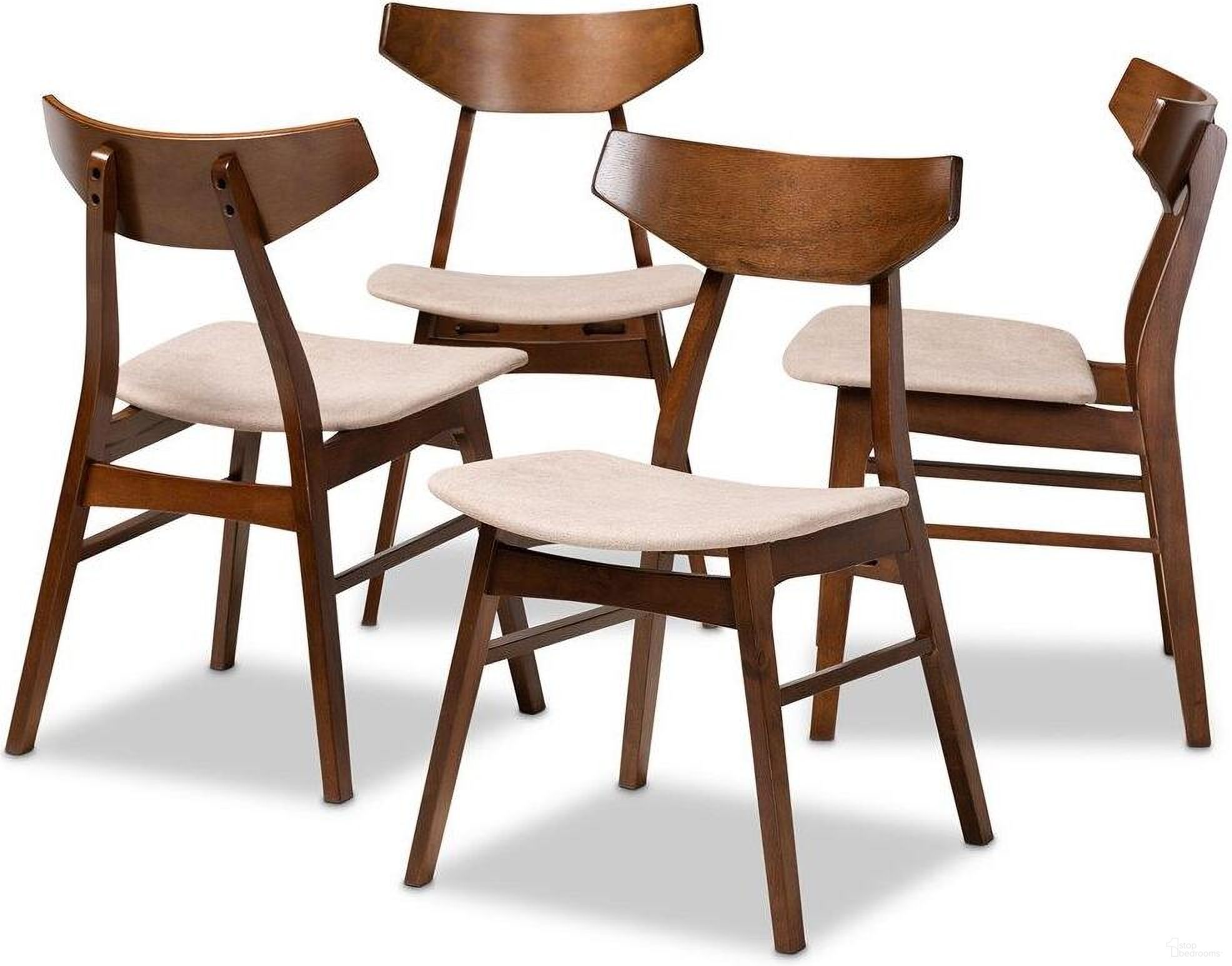 The appearance of Danica Mid-Century Modern Transitional Light Beige Fabric Upholstered and Walnut Brown Finished Wood 4-Piece Dining Chair Set designed by Baxton Studio in the transitional interior design. This light beige piece of furniture was selected by 1StopBedrooms from Danica Collection to add a touch of cosiness and style into your home. Sku: Danica-Latte/Walnut-DC. Material: Rubberwood. Chair Type: Side Chair.