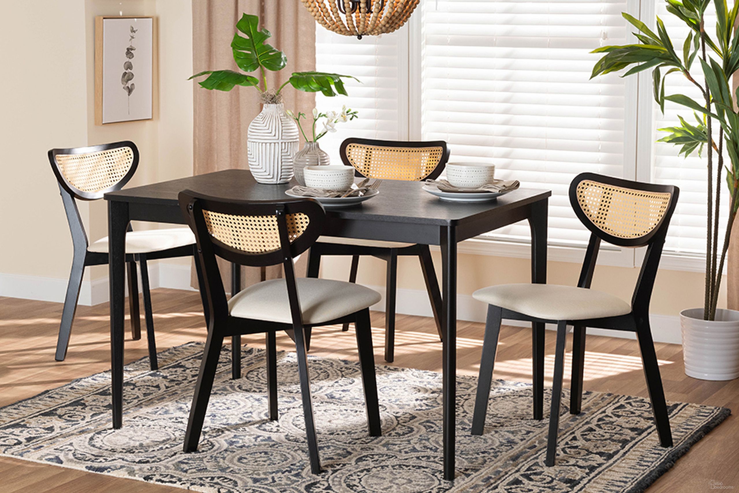 The appearance of Dannell Cream Fabric And Black Finished Wood 5-Piece Dining Set designed by Baxton Studio in the transitional interior design. This cream and black piece of furniture was selected by 1StopBedrooms from Dannell Collection to add a touch of cosiness and style into your home. Sku: CS003C-Black/Cream-5PC Dining Set. Material: Rubberwood.