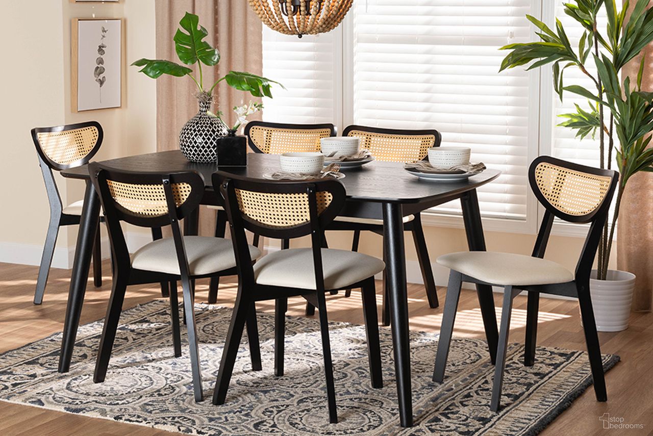 The appearance of Dannell Cream Fabric And Black Finished Wood 7-Piece Dining Set designed by Baxton Studio in the transitional interior design. This cream and black piece of furniture was selected by 1StopBedrooms from Dannell Collection to add a touch of cosiness and style into your home. Sku: CS003C-Black/Cream-7PC Dining Set. Material: Rubberwood.