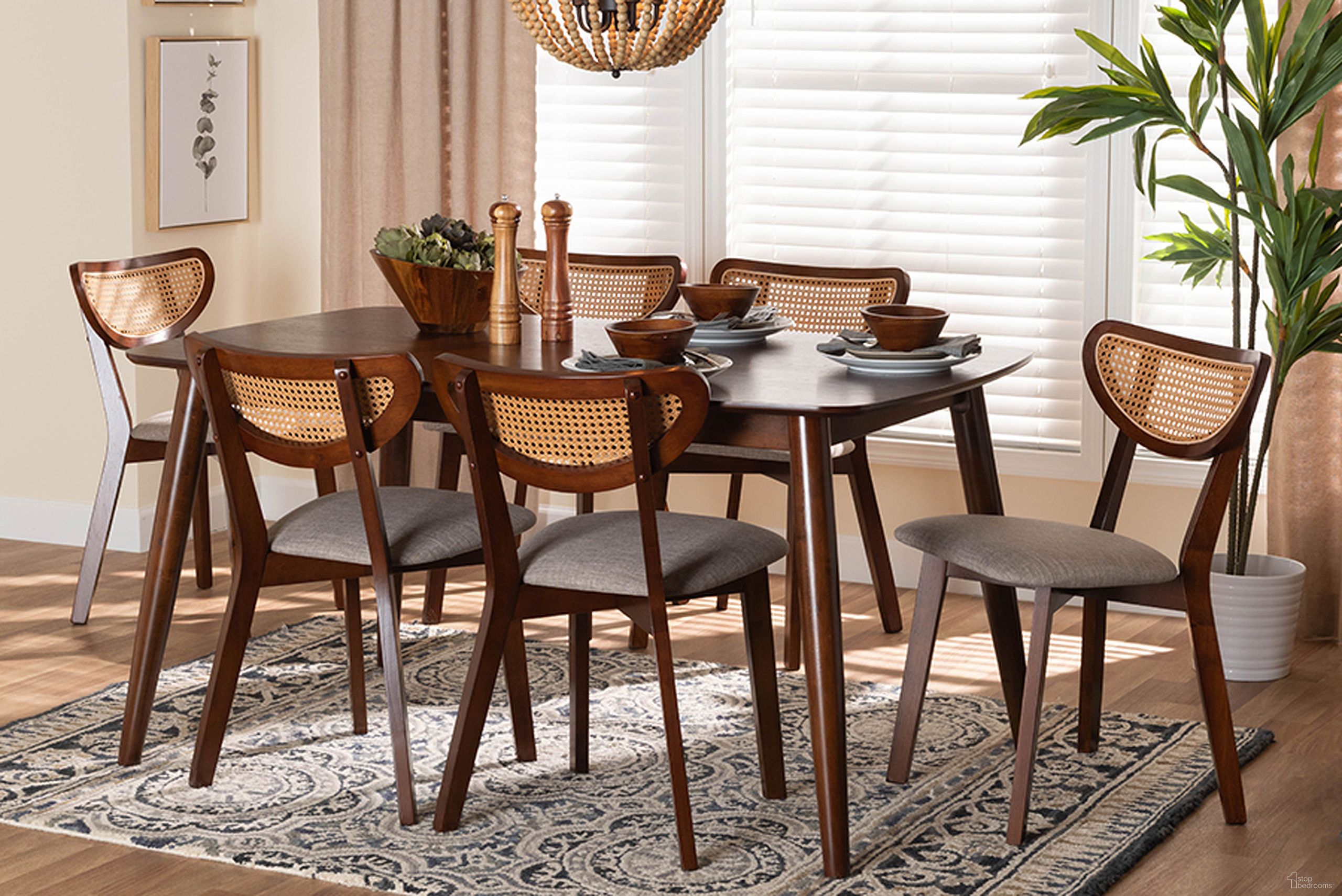 The appearance of Dannell Grey Fabric And Walnut Brown Finished Wood 7-Piece Dining Set designed by Baxton Studio in the transitional interior design. This grey and walnut piece of furniture  was selected by 1StopBedrooms from Dannell Collection to add a touch of cosiness and style into your home. Sku: CS003C-Walnut/Light Grey-7PC Dining Set. Material: Rubberwood.