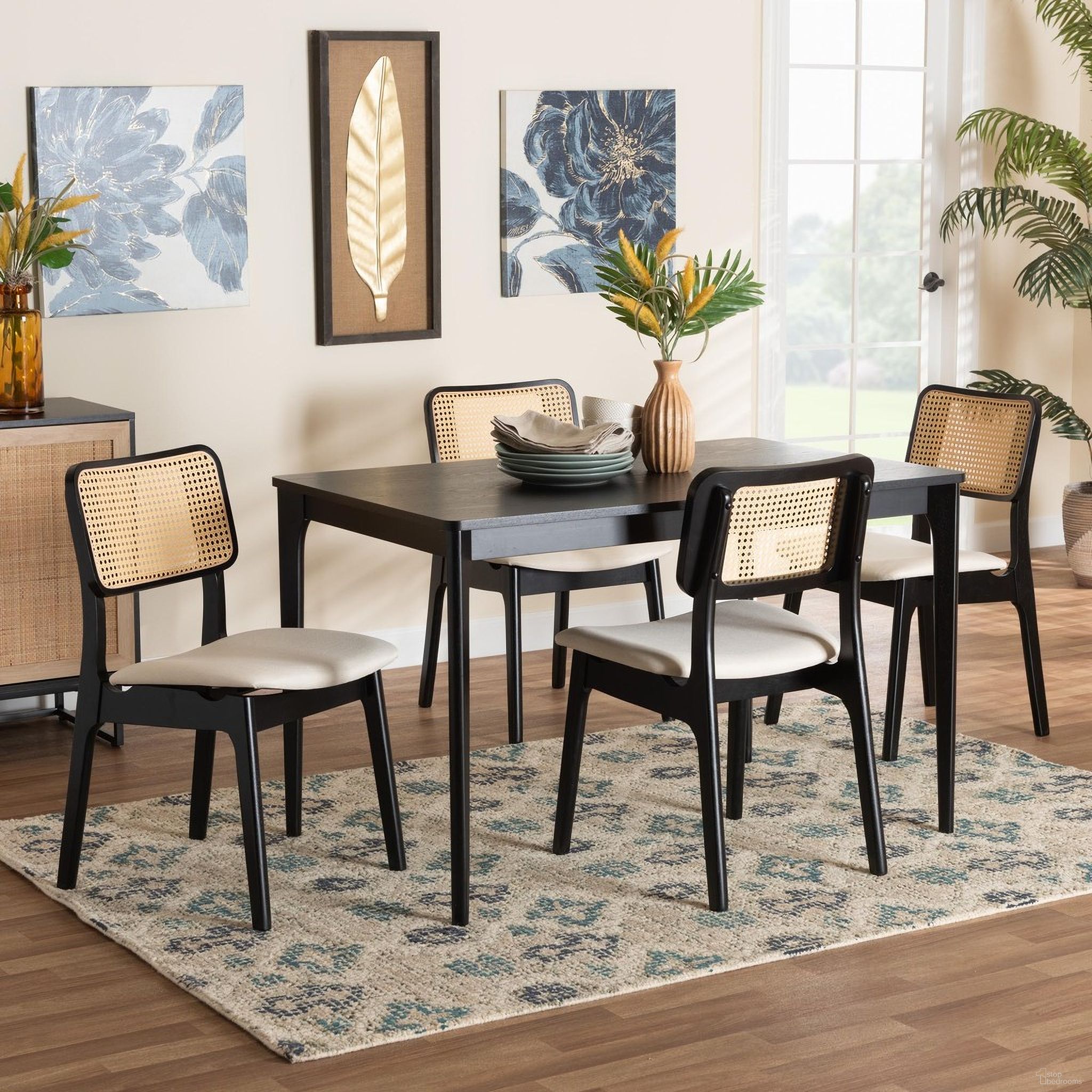 The appearance of Dannon Wood 5 Piece Dining Set In Cream and Black designed by Baxton Studio in the transitional interior design. This cream and black piece of furniture was selected by 1StopBedrooms from Dannon Collection to add a touch of cosiness and style into your home. Sku: CS001C-Black/Cream-5PC Dining Set. Material: Rubberwood.
