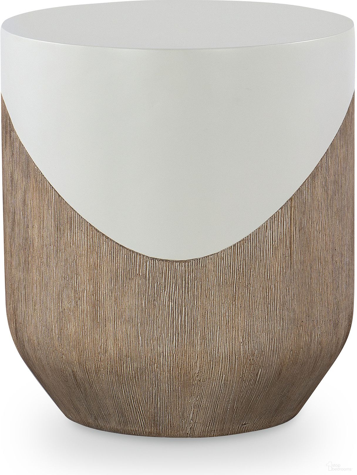 The appearance of Danny Outdoor Side Table In White and Brown designed by Century Furniture in the modern / contemporary interior design. This white and brown piece of furniture was selected by 1StopBedrooms from Outdoor Complements Collection to add a touch of cosiness and style into your home. Sku: D89-3135. Table Top Shape: Round. Material: Oak.