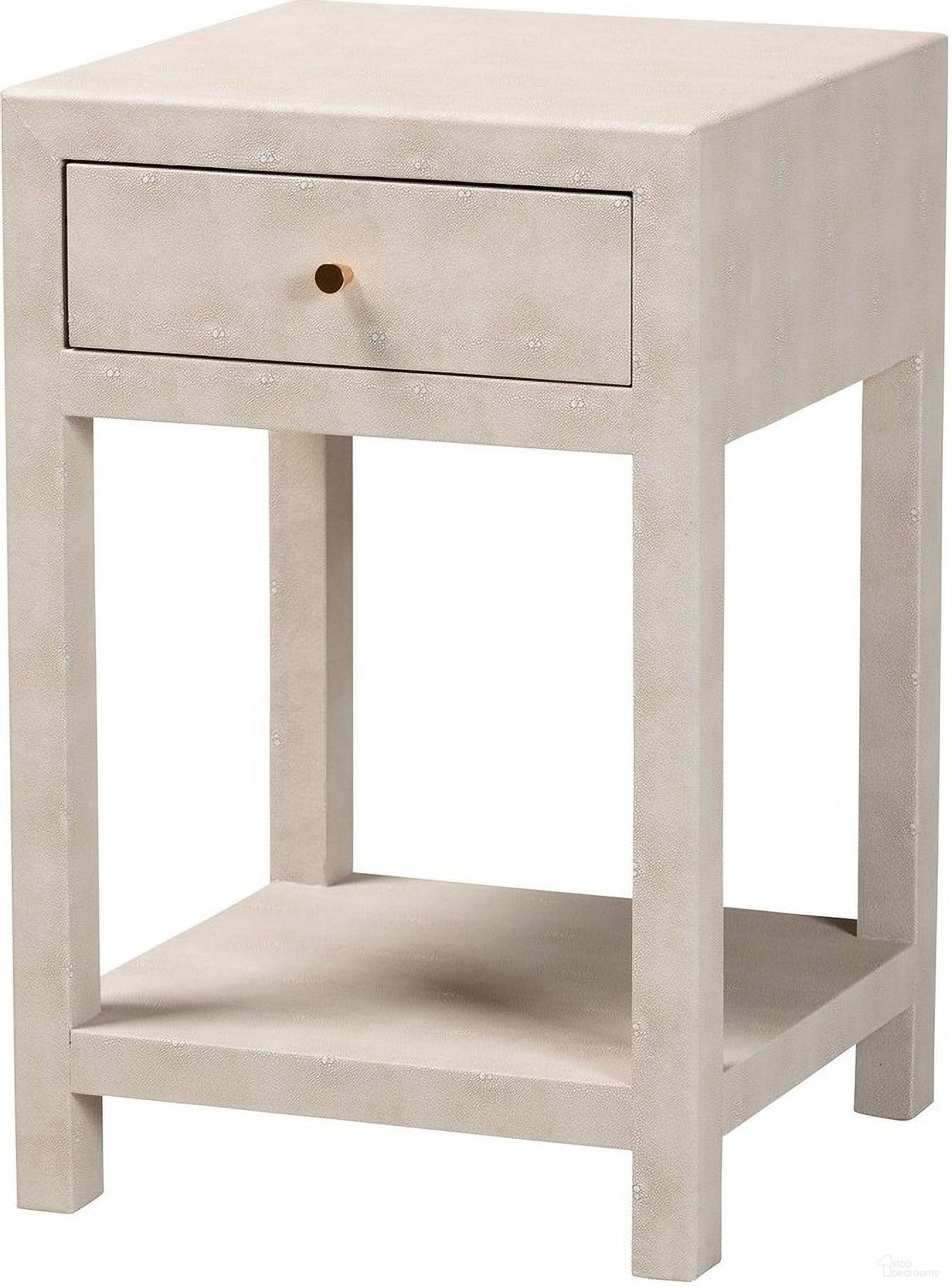 The appearance of Dansby Faux Shagreen 1-Drawer End Table In Beige designed by Baxton Studio in the modern / contemporary interior design. This beige piece of furniture  was selected by 1StopBedrooms from Dansby Collection to add a touch of cosiness and style into your home. Sku: JY24A098-Beige/Shagreen-End Table. Material: Leather.