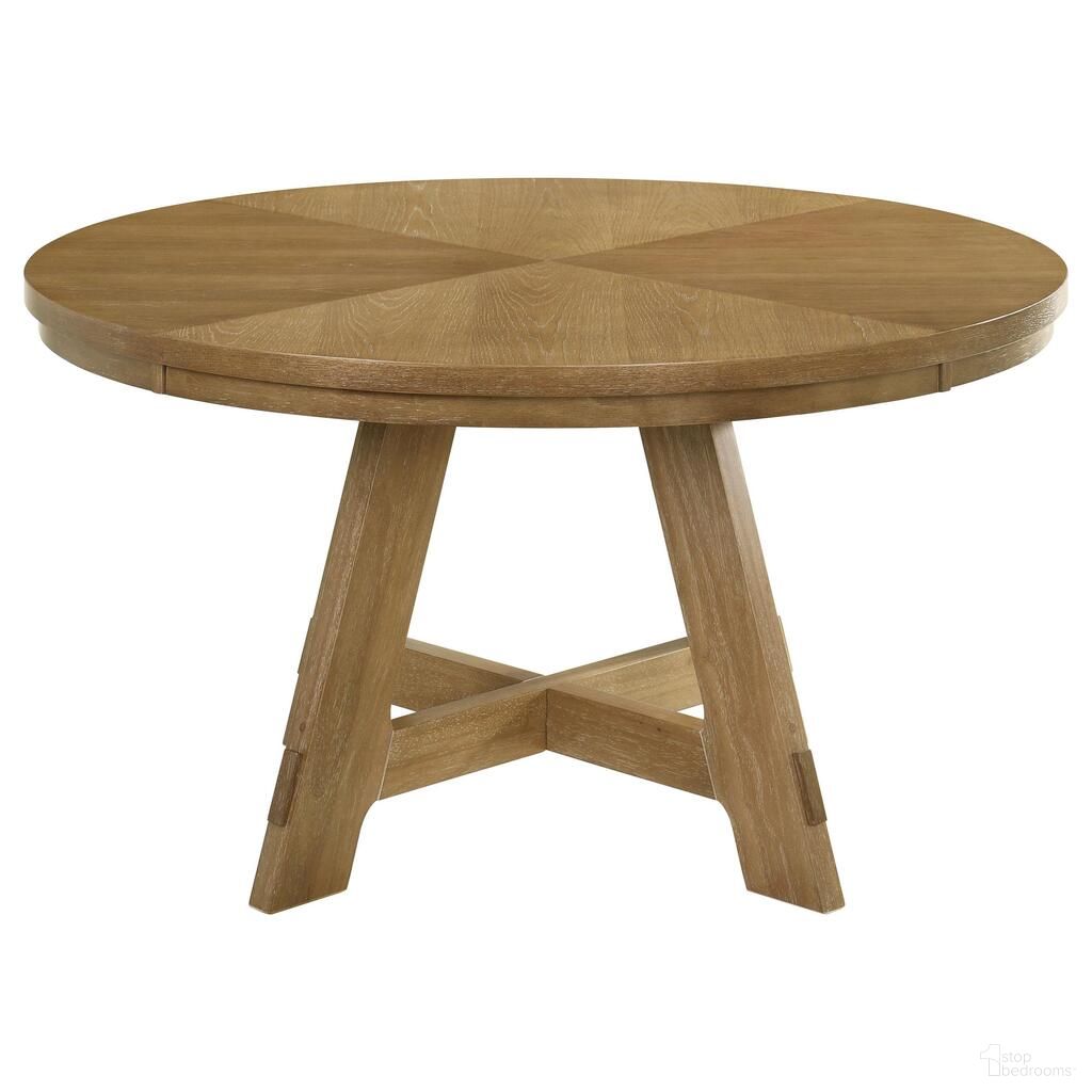 The appearance of Danvers Round 54 Inch Wood Dining Table In Brown Oak designed by Coaster in the transitional interior design. This brown oak piece of furniture was selected by 1StopBedrooms from Danvers Collection to add a touch of cosiness and style into your home. Sku: 109150. Table Base Style: Legs. Table Top Shape: Round. Material: Wood. Size: 54".