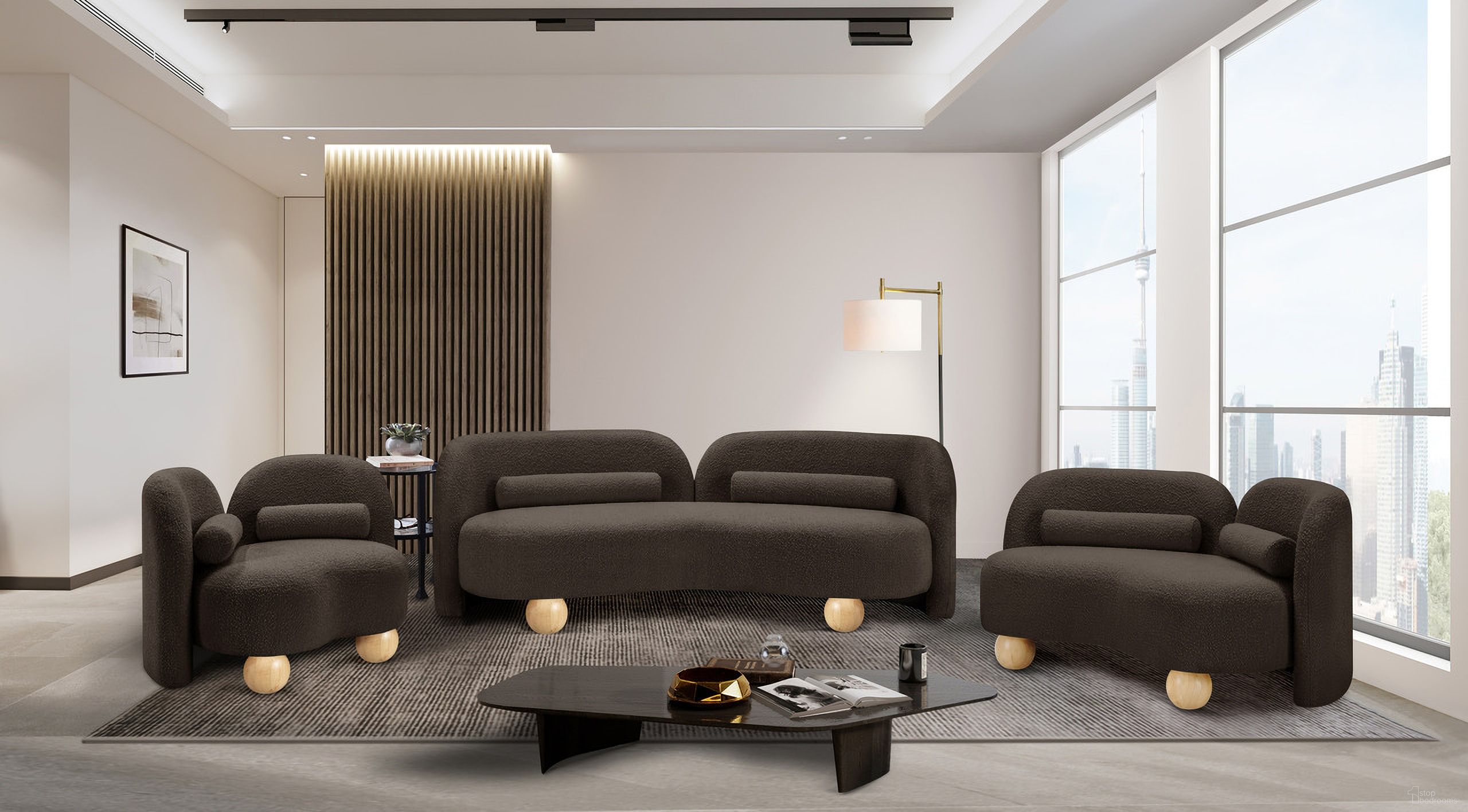 The appearance of Daphne Boucle Fabric Living Room Set In Natural Brown and Black designed by Meridian in the modern / contemporary interior design. This natural brown and black piece of furniture was selected by 1StopBedrooms from Daphne Collection to add a touch of cosiness and style into your home. Sku: 44003Brown-S;44003Brown-L. Material: Boucle.