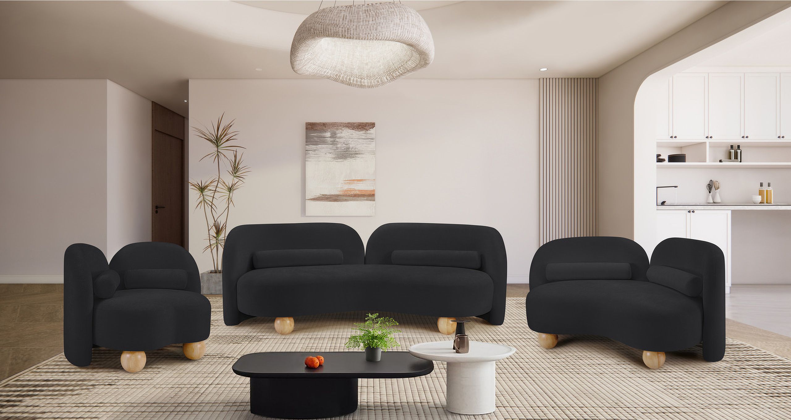 Daphne Chenille Fabric Living Room Set In Black and Natural