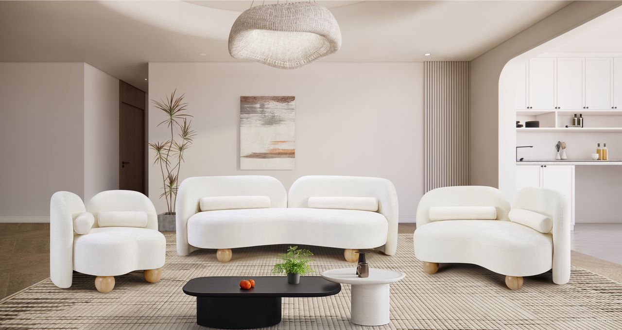 Daphne Chenille Fabric Living Room Set In Natural and Cream and Black