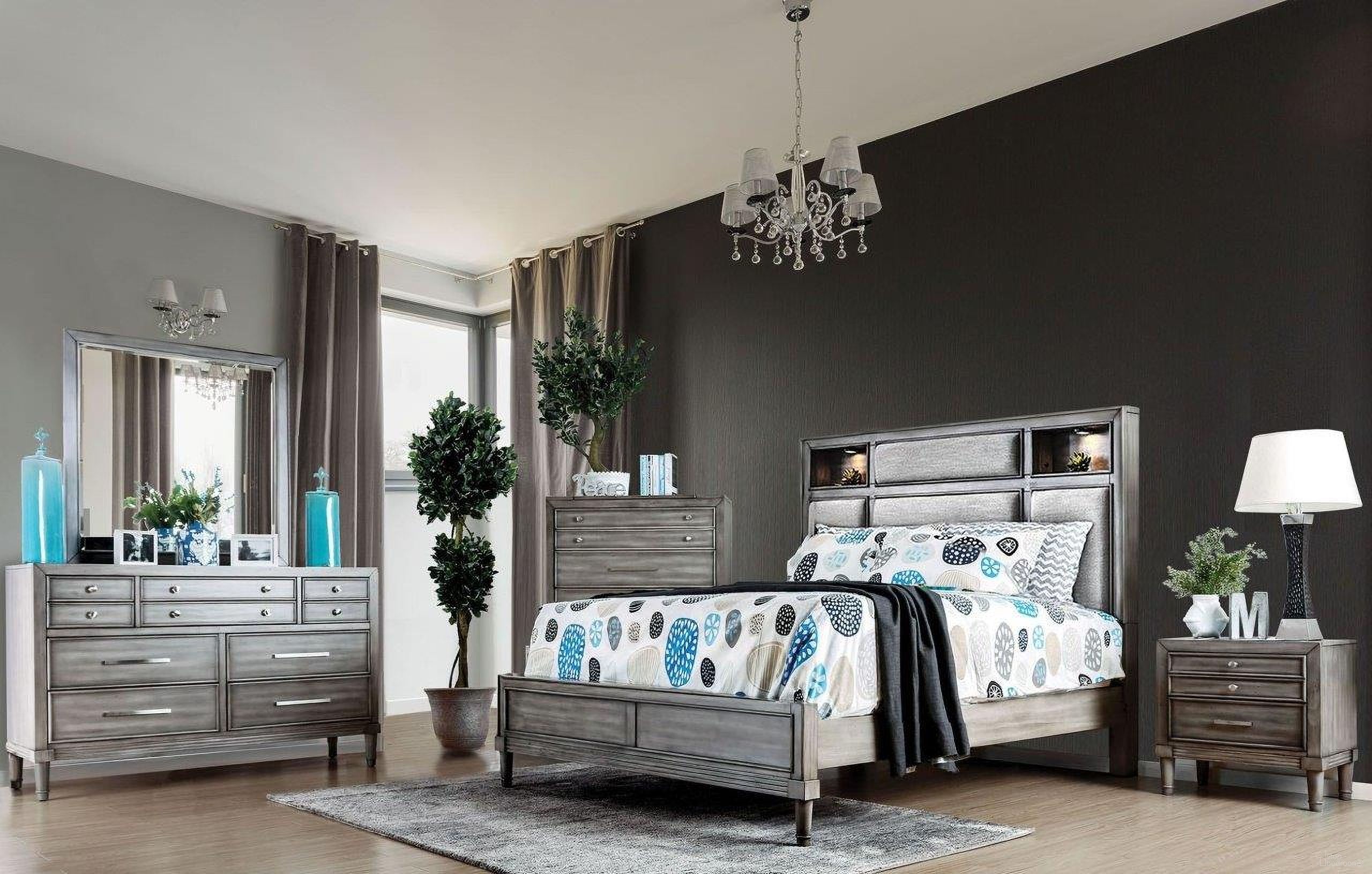 The appearance of Daphne Gray Upholstered Platform Bedroom Set designed by Furniture of America in the transitional interior design. This gray piece of furniture was selected by 1StopBedrooms from Daphne Collection to add a touch of cosiness and style into your home. Sku: CM7556Q-HB;CM7556Q-FB;CM7556Q-R;CM7556N. Bed Type: Platform Bed. Material: Wood. Bed Size: Queen.