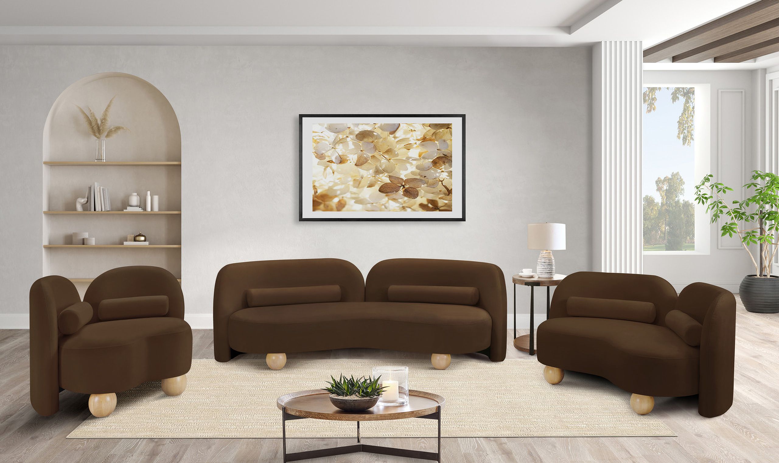 The appearance of Daphne Velvet Living Room Set In Natural Brown and Black designed by Meridian in the modern / contemporary interior design. This natural brown and black piece of furniture was selected by 1StopBedrooms from Daphne Collection to add a touch of cosiness and style into your home. Sku: 44002Brown-S;44002Brown-L. Material: Velvet.