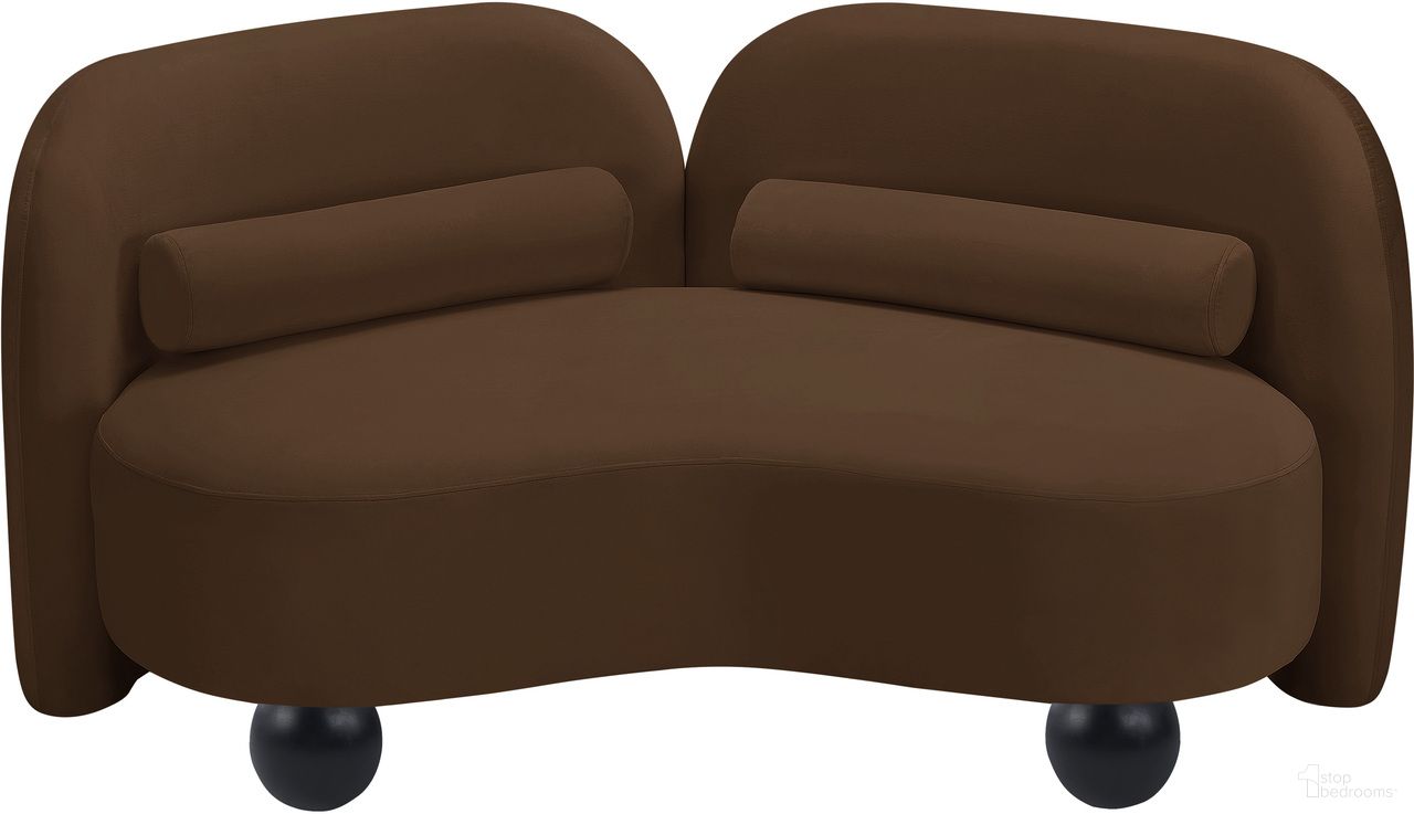 The appearance of Daphne Velvet Loveseat In Natural Brown and Black designed by Meridian in the modern / contemporary interior design. This natural brown and black piece of furniture was selected by 1StopBedrooms from Daphne Collection to add a touch of cosiness and style into your home. Sku: 44002Brown-L. Material: Velvet.