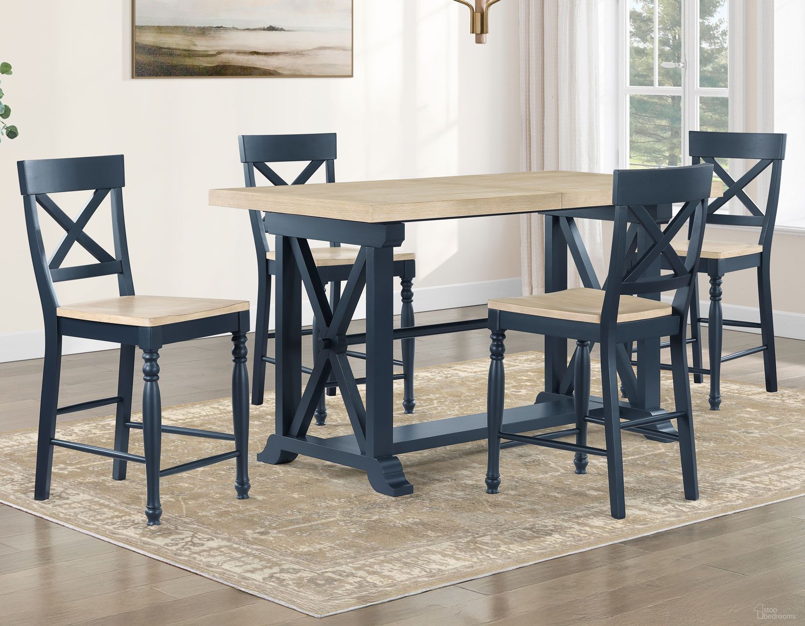 The appearance of Darcy Rectangular Counter Height Dining Set In Blue designed by Steve Silver in the modern / contemporary interior design. This blue piece of furniture  was selected by 1StopBedrooms from Darcy Collection to add a touch of cosiness and style into your home. Sku: DAR500BPT;DAR500BCC. Material: MDF. Table Top Shape: Rectangular. Size: 32" x 64".