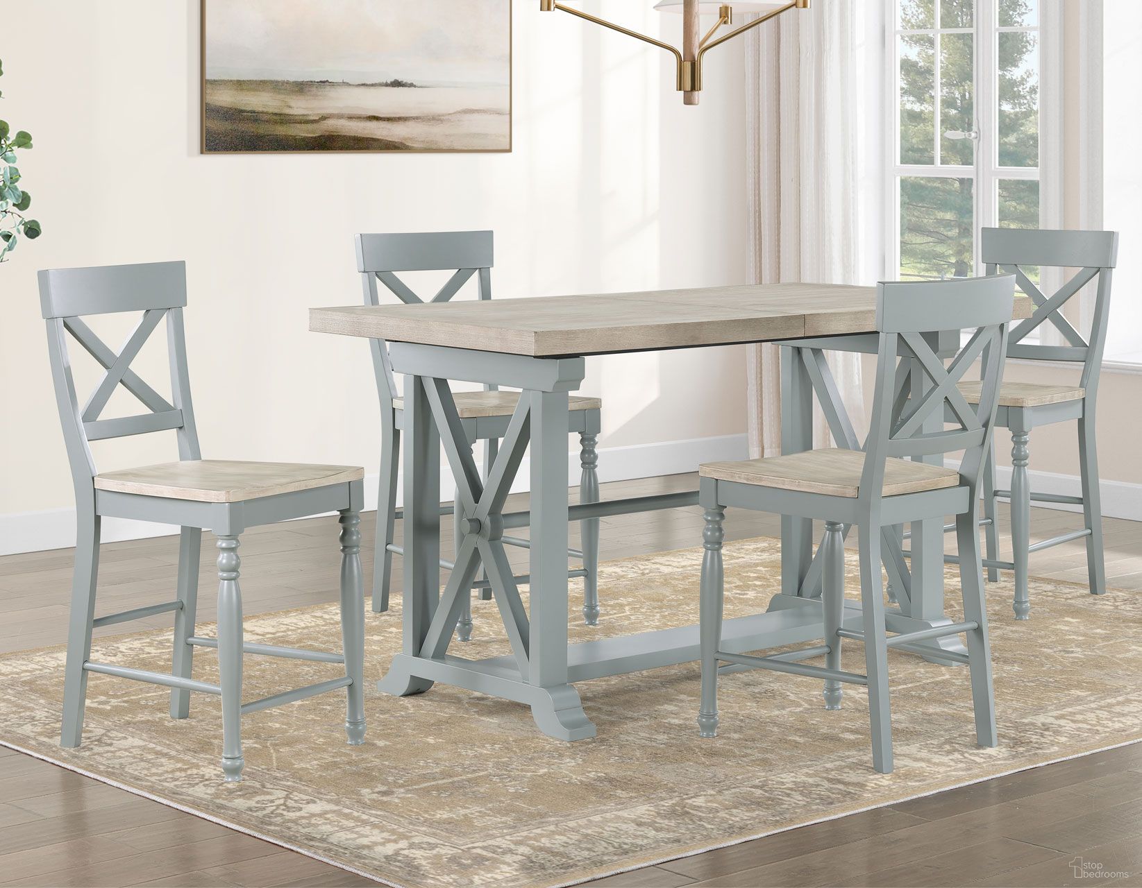 The appearance of Darcy Rectangular Counter Height Dining Set In Green designed by Steve Silver in the modern / contemporary interior design. This green piece of furniture was selected by 1StopBedrooms from Darcy Collection to add a touch of cosiness and style into your home. Sku: DAR500EPT;DAR500ECC. Material: MDF. Table Top Shape: Rectangular. Size: 32" x 64".