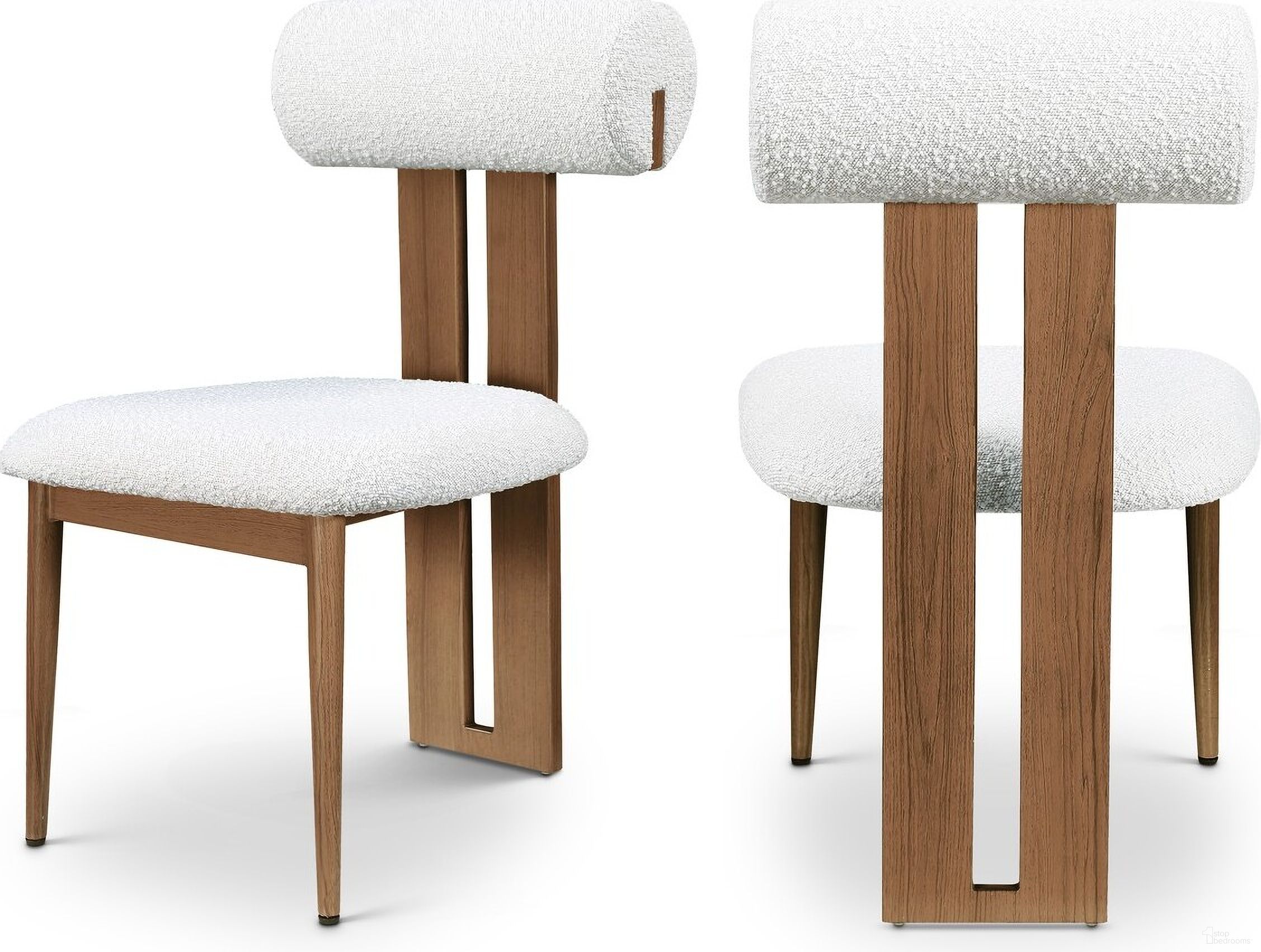 The appearance of Dario Boucle Fabric Dining Chair Set of 2 In Cream/Walnut designed by Meridian in the modern / contemporary interior design. This cream piece of furniture  was selected by 1StopBedrooms from Dario Collection to add a touch of cosiness and style into your home. Sku: 916Cream-C. Material: Wood. Chair Type: Side Chair.