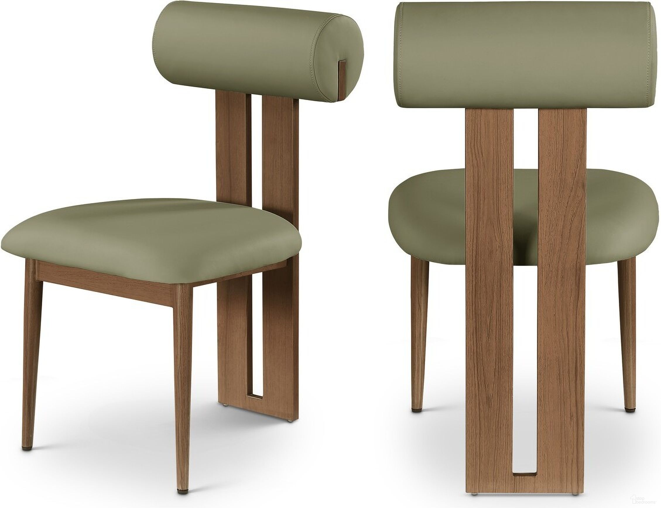 The appearance of Dario Vegan Leather Dining Chair Set of 2 In Green designed by Meridian in the modern / contemporary interior design. This green piece of furniture was selected by 1StopBedrooms from Dario Collection to add a touch of cosiness and style into your home. Sku: 917Olive-C. Material: Wood. Chair Type: Side Chair.
