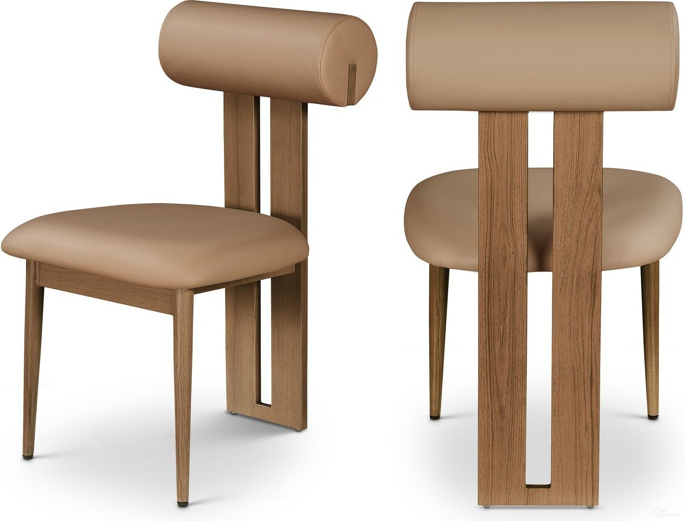The appearance of Dario Vegan Leather Dining Chair Set of 2 In Tan/Walnut designed by Meridian in the modern / contemporary interior design. This tan piece of furniture was selected by 1StopBedrooms from Dario Collection to add a touch of cosiness and style into your home. Sku: 917Tan-C. Material: Wood. Chair Type: Side Chair.