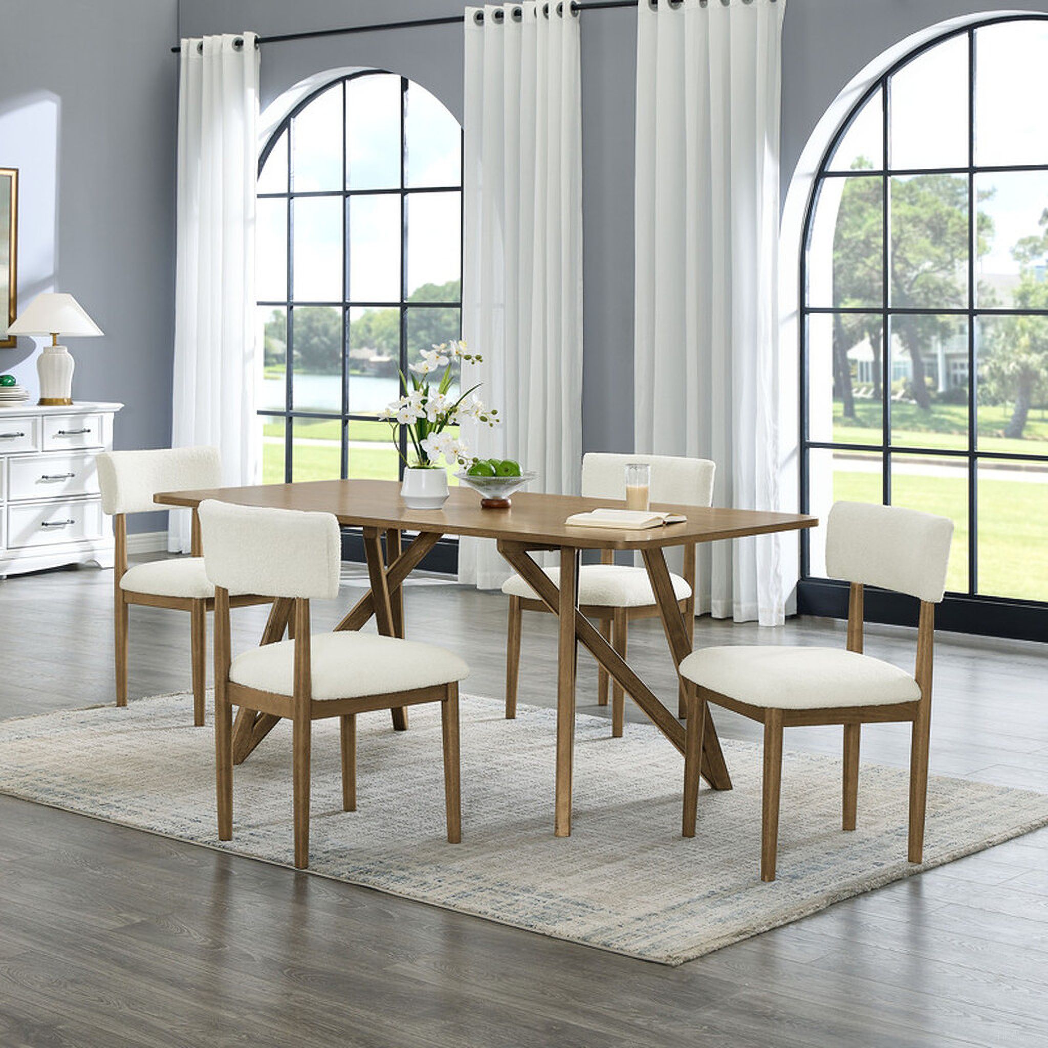 The appearance of Darla 5PC 70 Inch Rectangular Geometric Cross Base Dining Set In Walnut designed by Lilola Home in the modern / contemporary interior design. This walnut piece of furniture  was selected by 1StopBedrooms from Darla Collection to add a touch of cosiness and style into your home. Sku: 30064-T;30064-C;30064-C. Table Base Style: Trestle. Material: Wood. Table Top Shape: Rectangular. Size: 36" x 70".