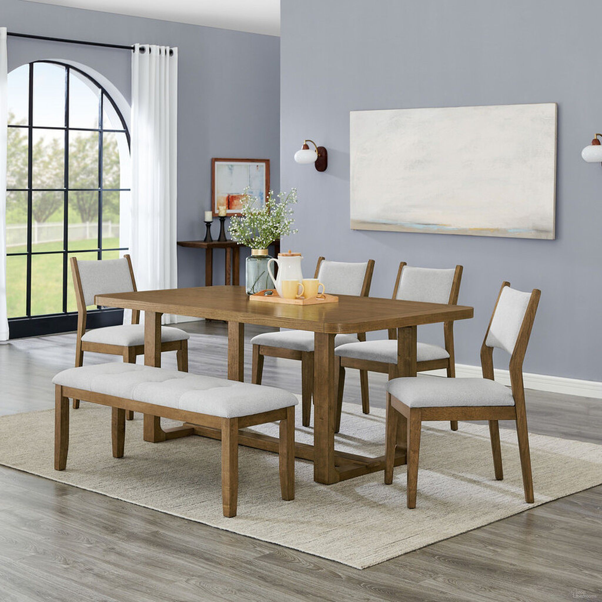 The appearance of Darla 6PC 72 Inch Rectangular Sled Dining Set with Bench In Walnut designed by Lilola Home in the modern / contemporary interior design. This walnut piece of furniture  was selected by 1StopBedrooms from Darla Collection to add a touch of cosiness and style into your home. Sku: 30062-T;30062-C;30062-C;30062-BENCH. Table Base Style: Trestle. Material: Wood. Table Top Shape: Rectangular. Size: 40" x 72".