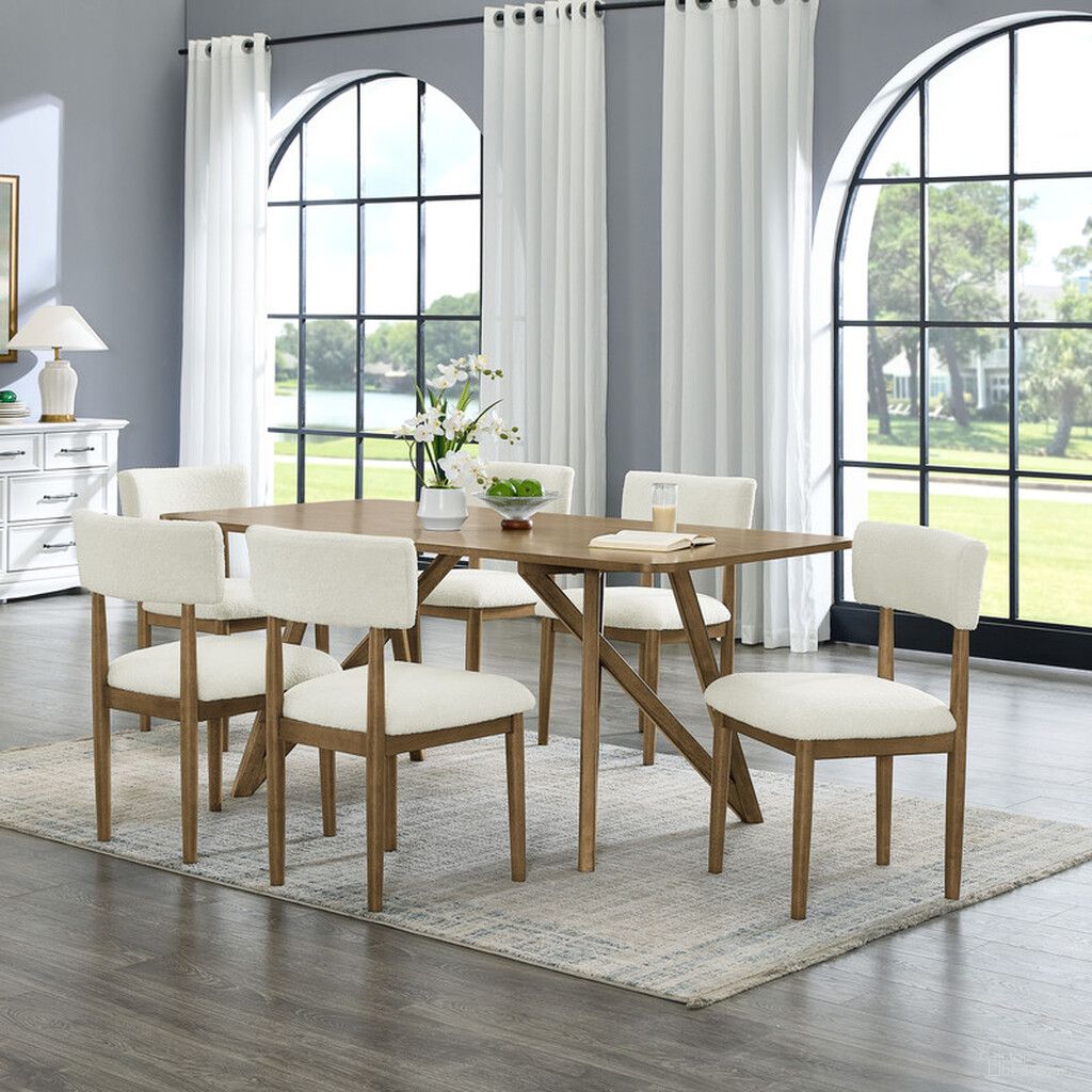 The appearance of Darla 7 Piece 70 Inch Rectangular Geometric Cross Base Dining Set In Walnut designed by Lilola Home in the modern / contemporary interior design. This walnut piece of furniture  was selected by 1StopBedrooms from Darla Collection to add a touch of cosiness and style into your home. Sku: 30064-T;30064-C;30064-C;30064-C. Table Base Style: Trestle. Material: Wood. Table Top Shape: Rectangular. Size: 36" x 70".