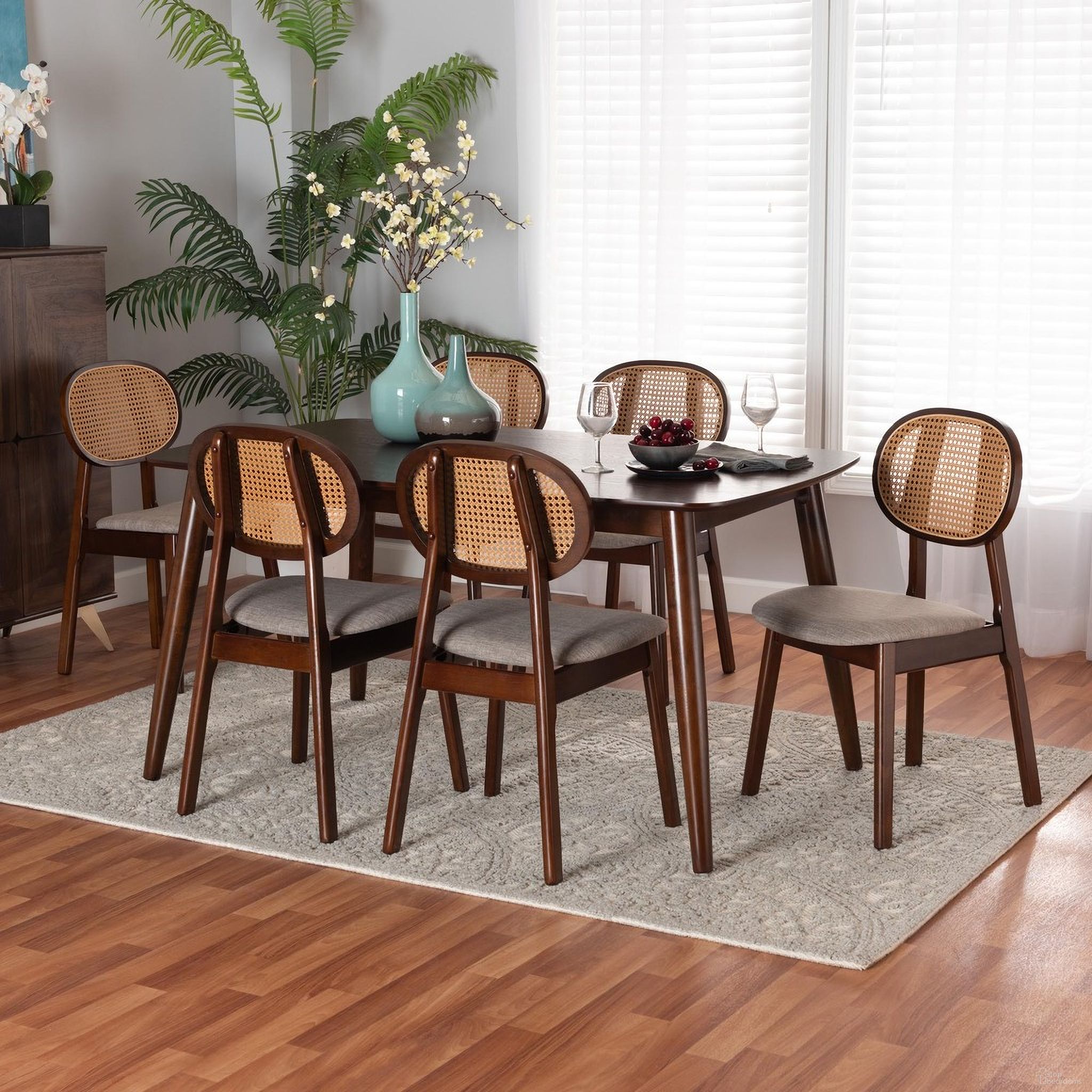 The appearance of Darrion Fabric and Wood 7 Piece Dining Set In Grey and Walnut Brown designed by Baxton Studio in the transitional interior design. This grey and walnut piece of furniture was selected by 1StopBedrooms from Darrion Collection to add a touch of cosiness and style into your home. Sku: CS004C-Walnut/Light Grey-7PC Dining Set. Material: Rubberwood.