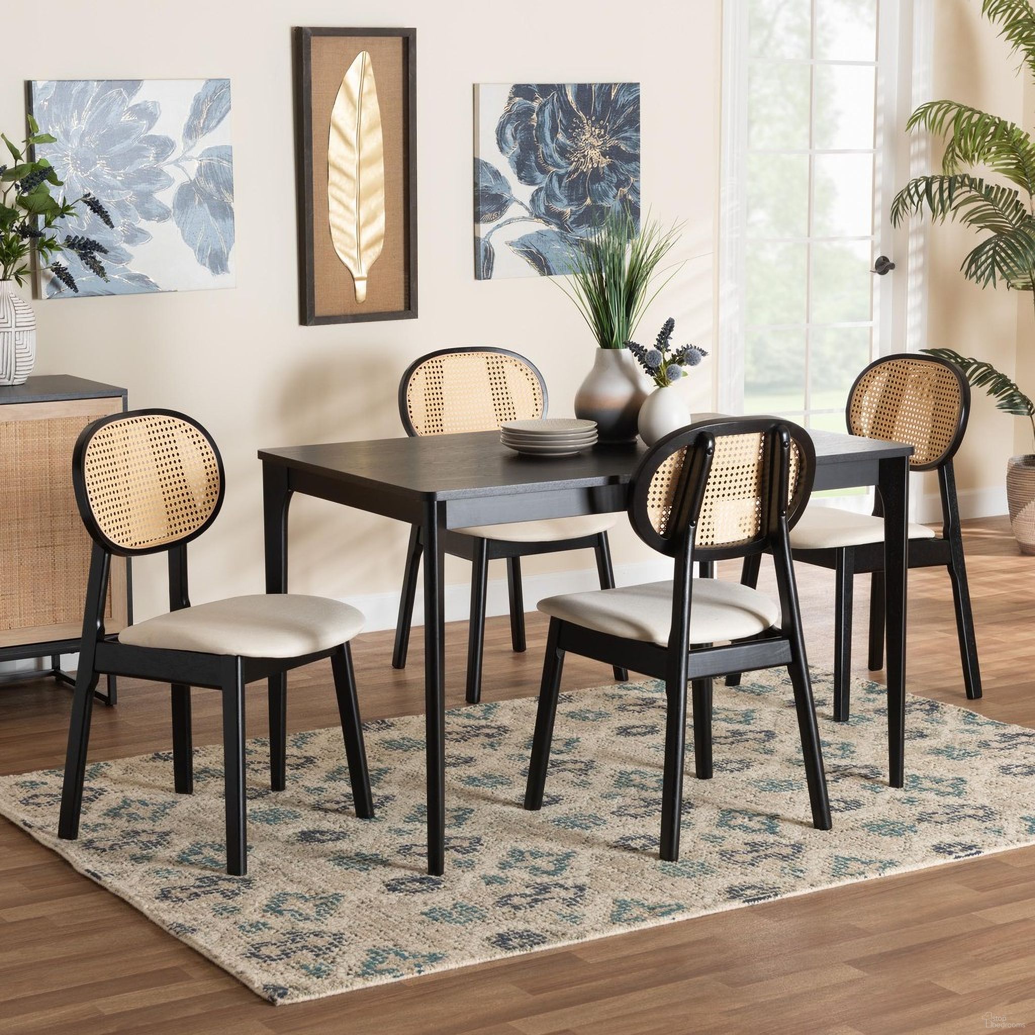 The appearance of Darrion Wood 5 Piece Dining Set In Cream and Black designed by Baxton Studio in the transitional interior design. This cream and black piece of furniture was selected by 1StopBedrooms from Darrion Collection to add a touch of cosiness and style into your home. Sku: CS004C-Black/Cream-5PC Dining Set. Material: Rubberwood.