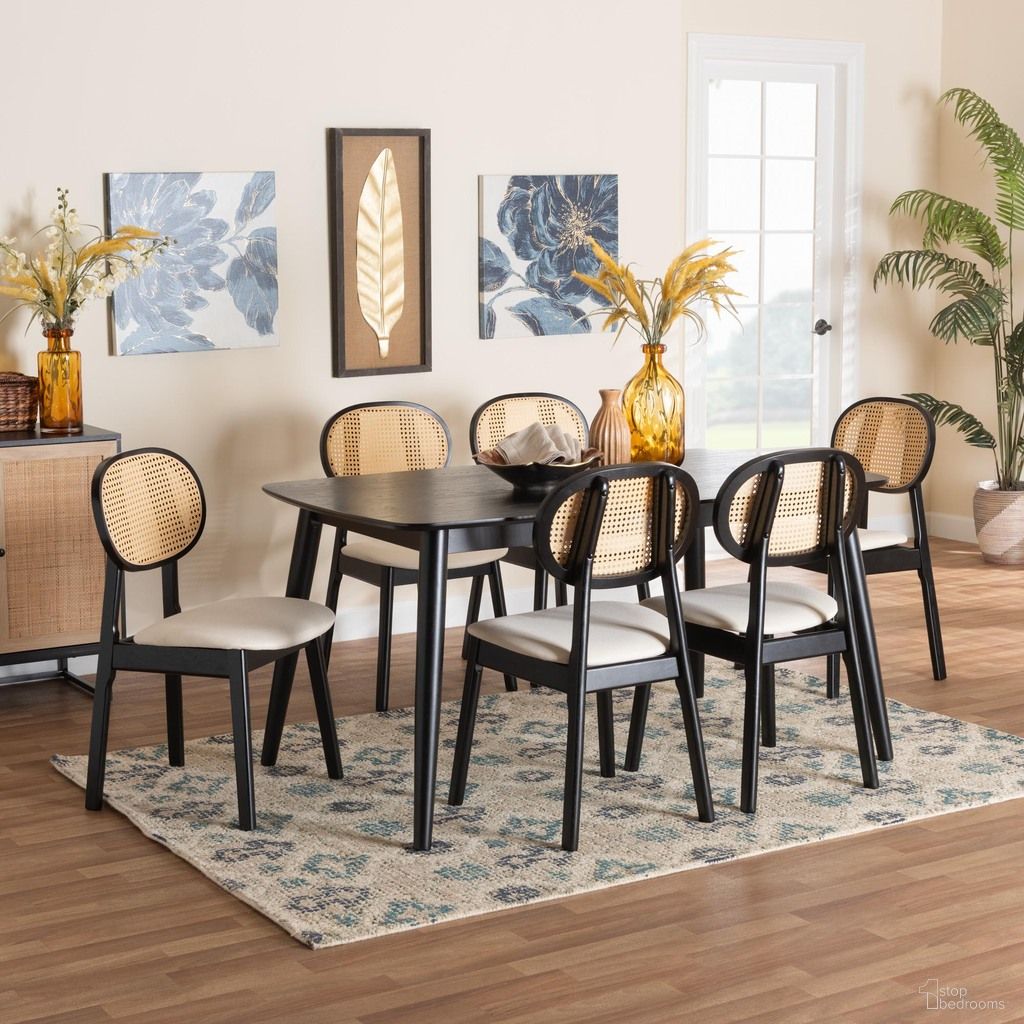 The appearance of Darrion Wood 7 Piece Dining Set In Cream and Black designed by Baxton Studio in the transitional interior design. This cream and black piece of furniture was selected by 1StopBedrooms from Darrion Collection to add a touch of cosiness and style into your home. Sku: CS004C-Black/Cream-7PC Dining Set. Material: Rubberwood.